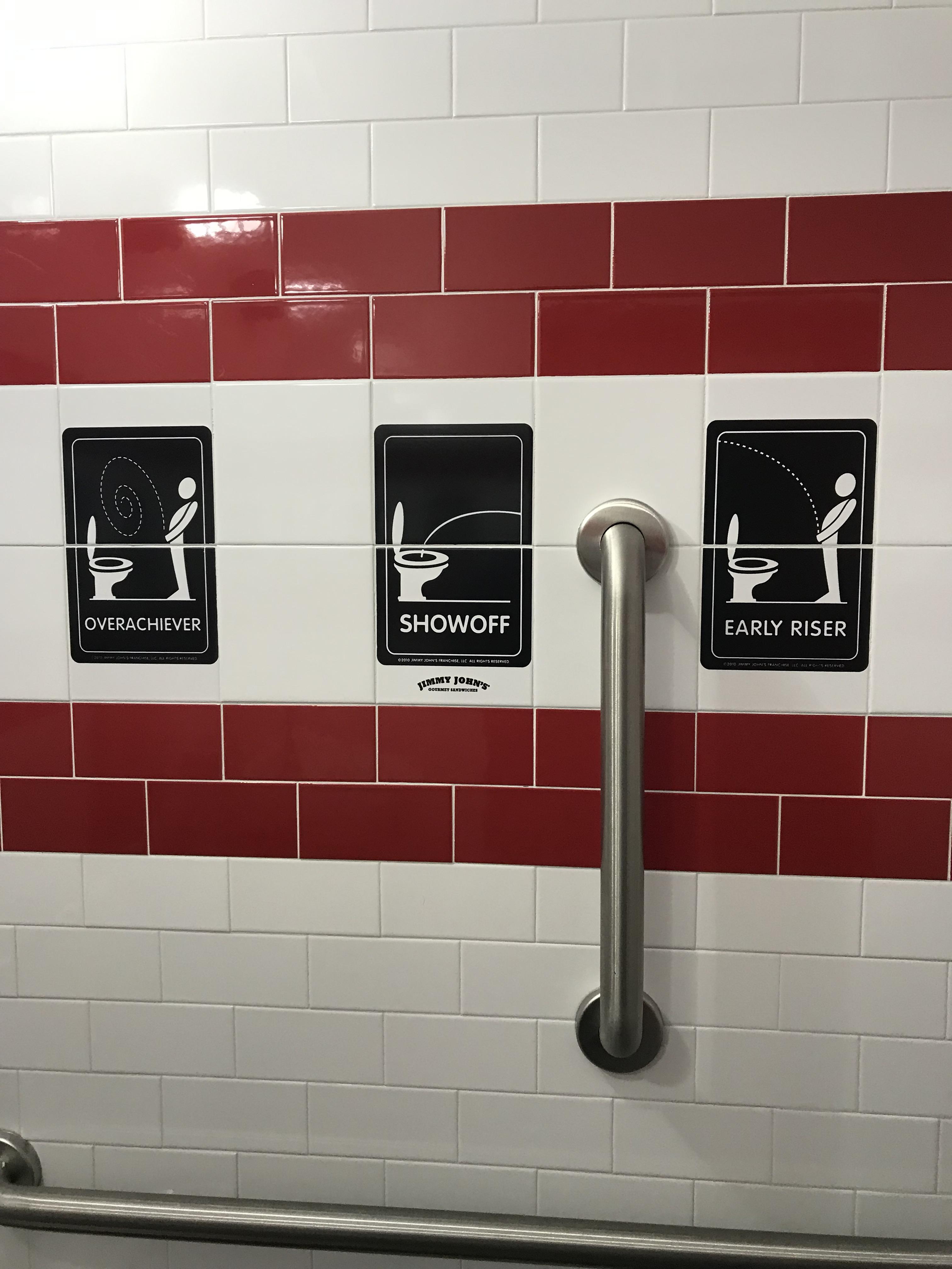 These signs in the restroom of Jimmy Johns sandwich shop pics