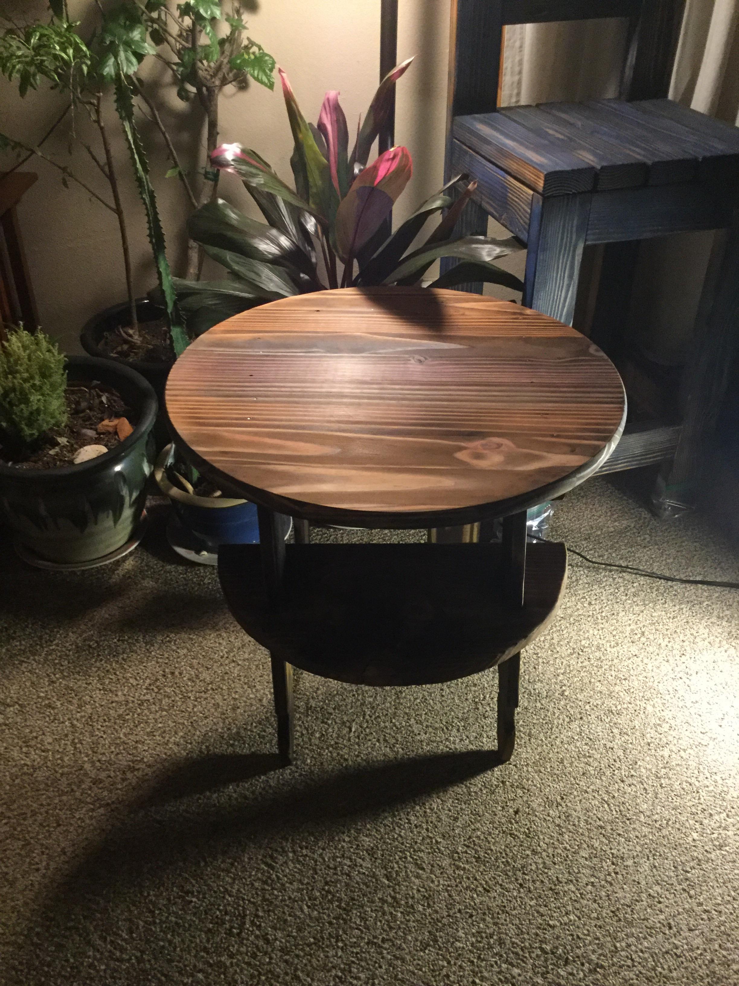 A new patio table made this weekend, burned wood, acrylic wash, and