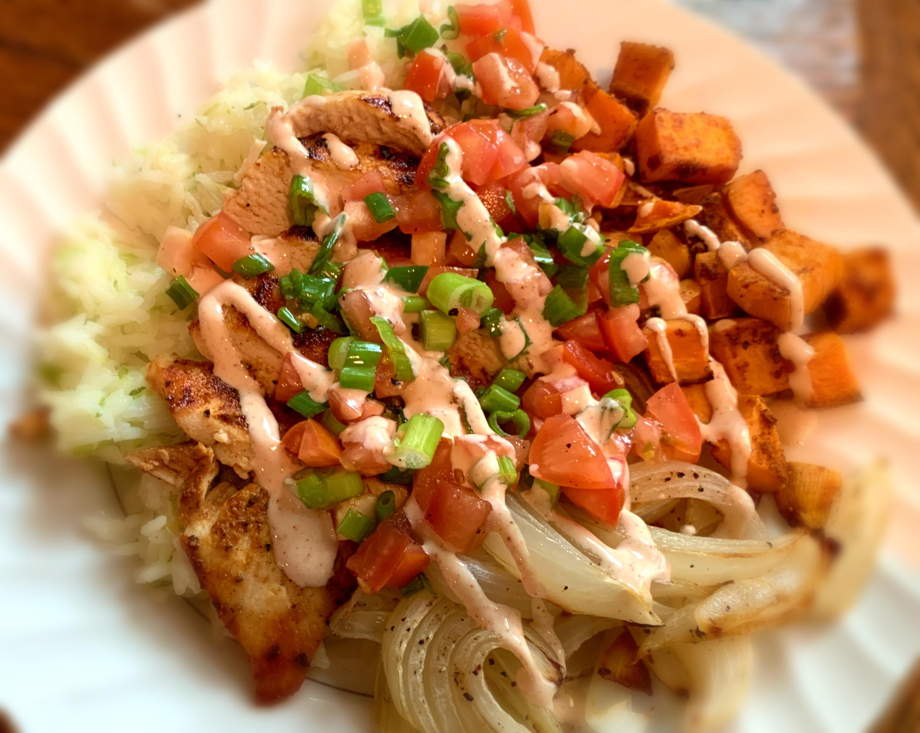 Chipotle Chicken & Rice Bowls with Roasted Sweet Potato & Salsa Fresca
