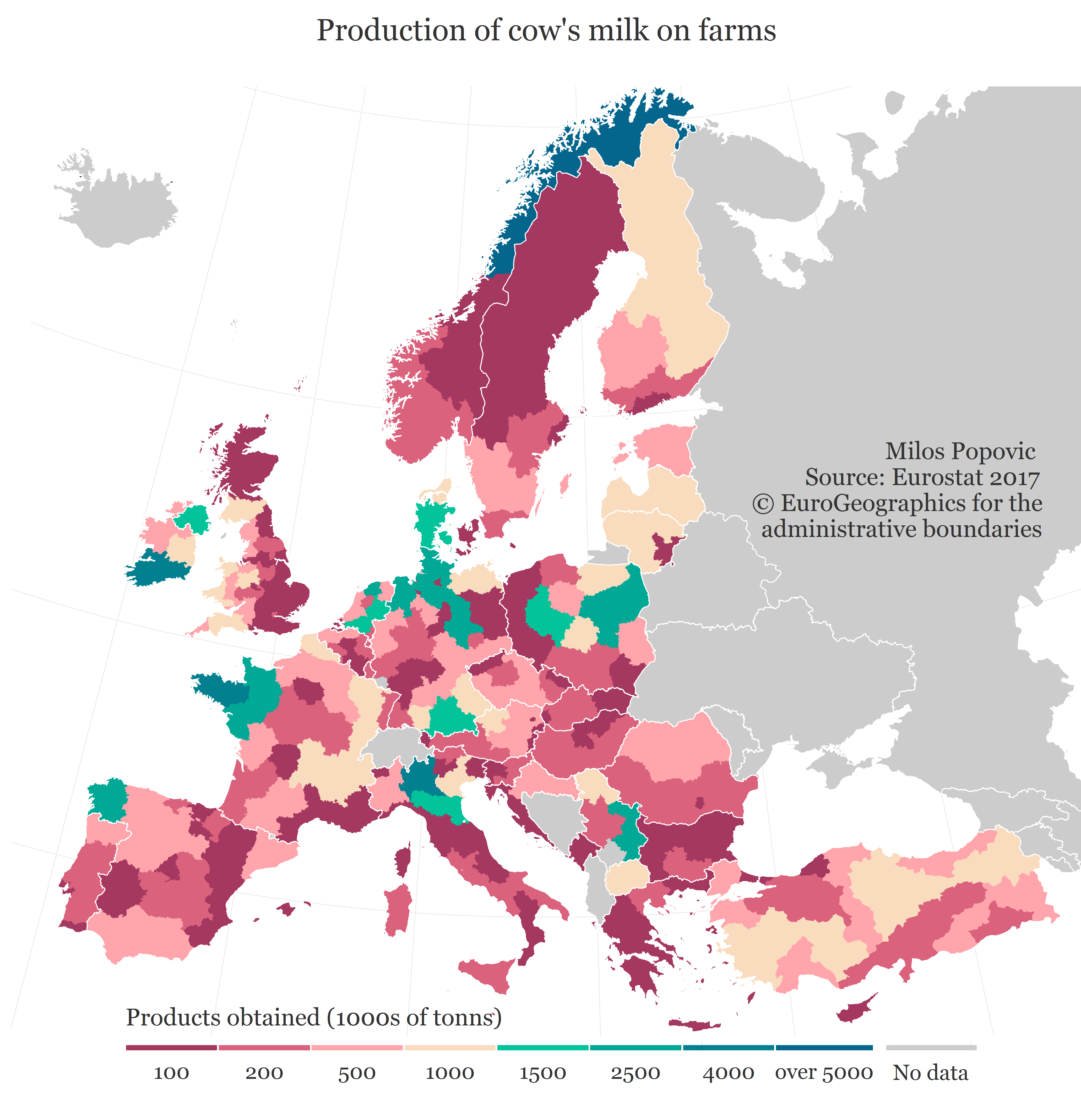 Production of cow's milk on farms across European regions in 2017 (see