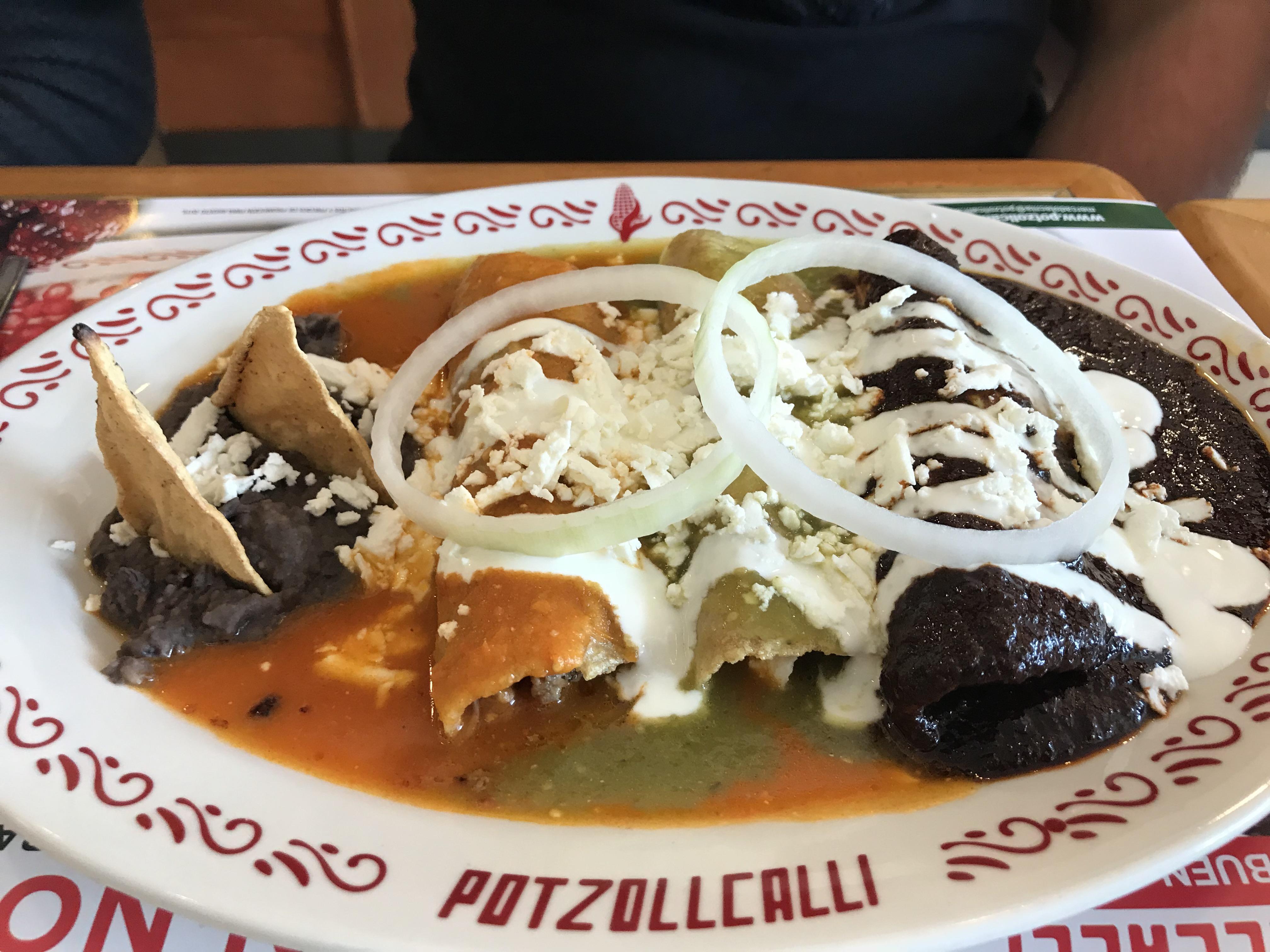 [I ate] Enchiladas tricolor with refried black beans. r/FoodPorn