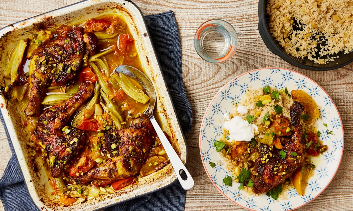 Moroccan Chicken Tray Bake With Turmeric, Apricots, Honey And Pistachio