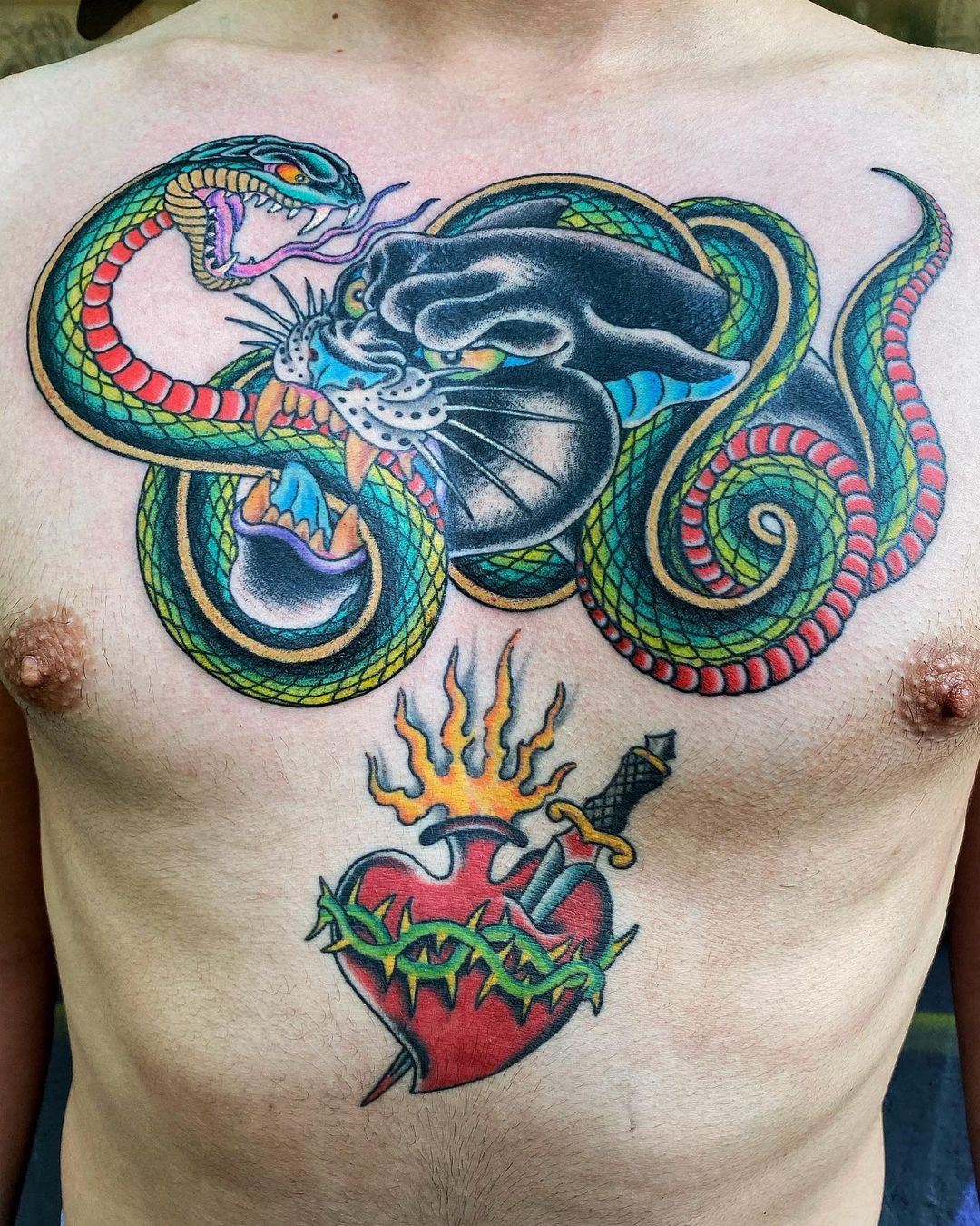 Snake And Panther Chest Piece by Chan Daryl from Old Bastards Tattoo
