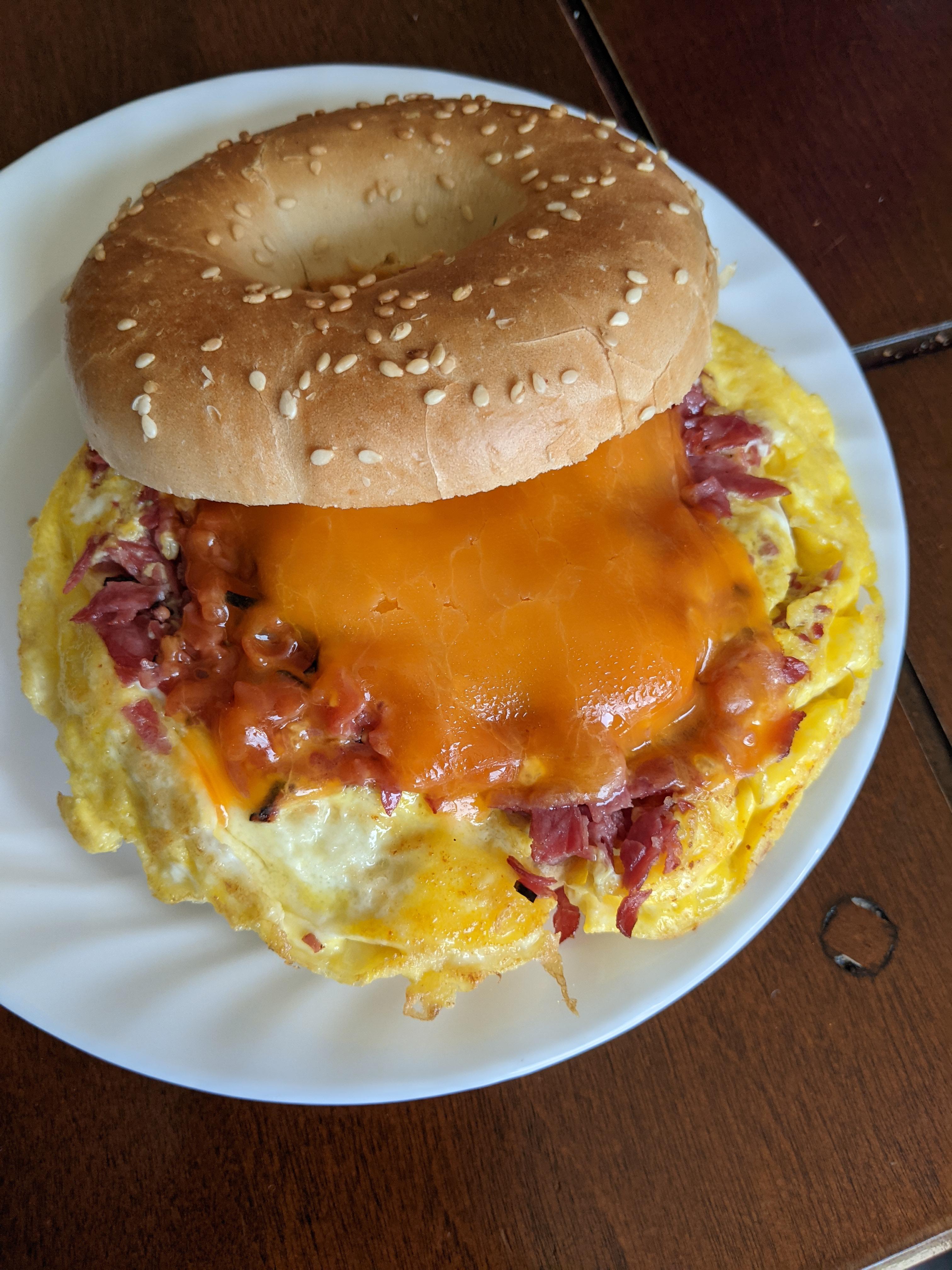 Montreal Smoked Meat, Egg and Cheddar on a bagel. r/Sandwiches