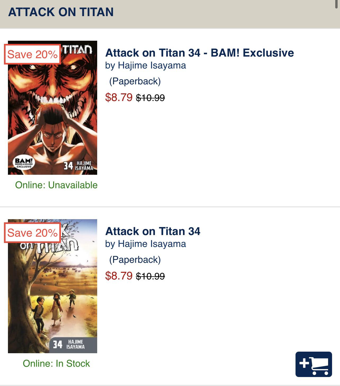 BooksAMillion Attack On Titan Volume 34 sale (+ coupons in comments