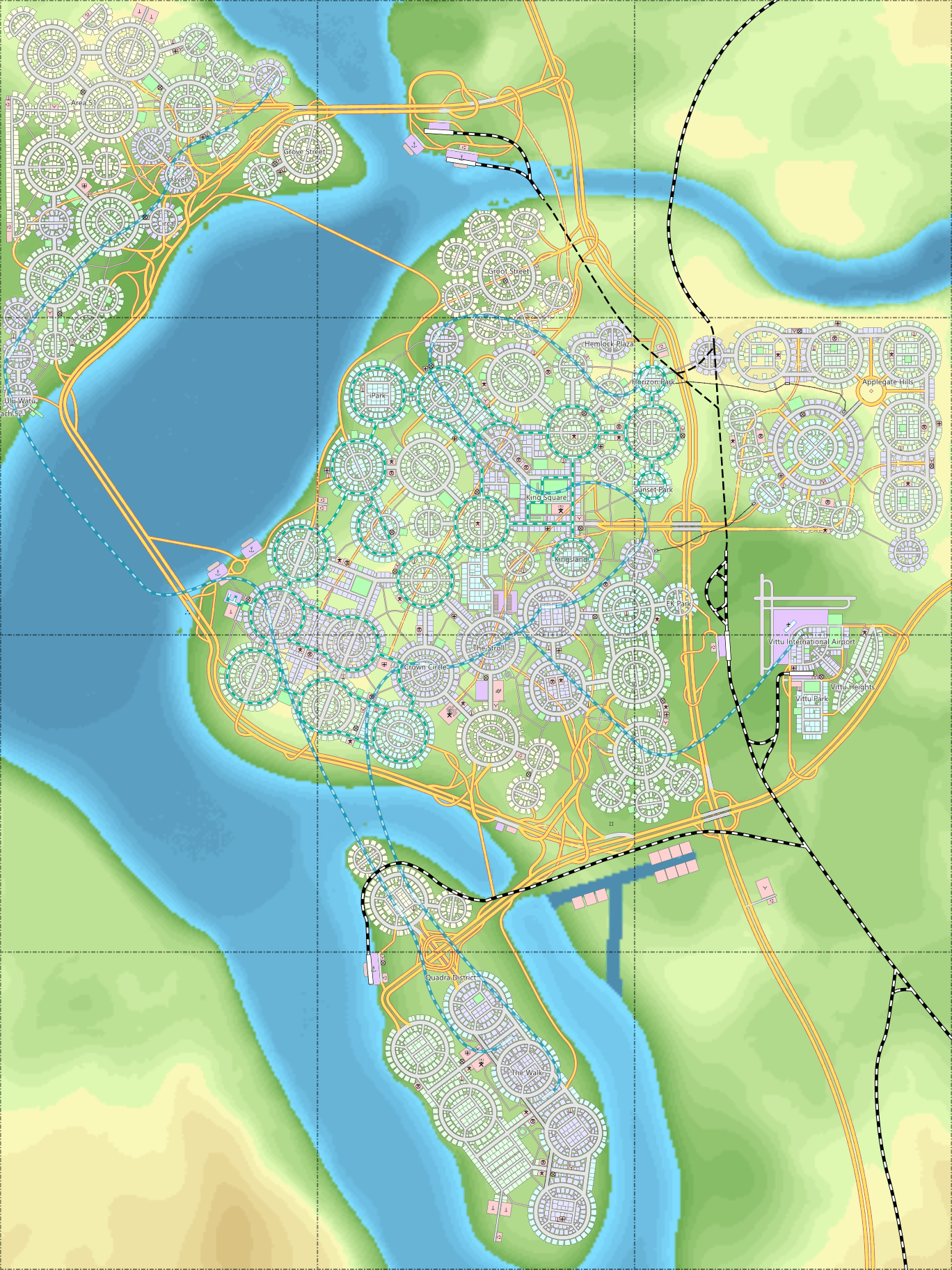 CSL map view of my city of roundabouts r/CitiesSkylines