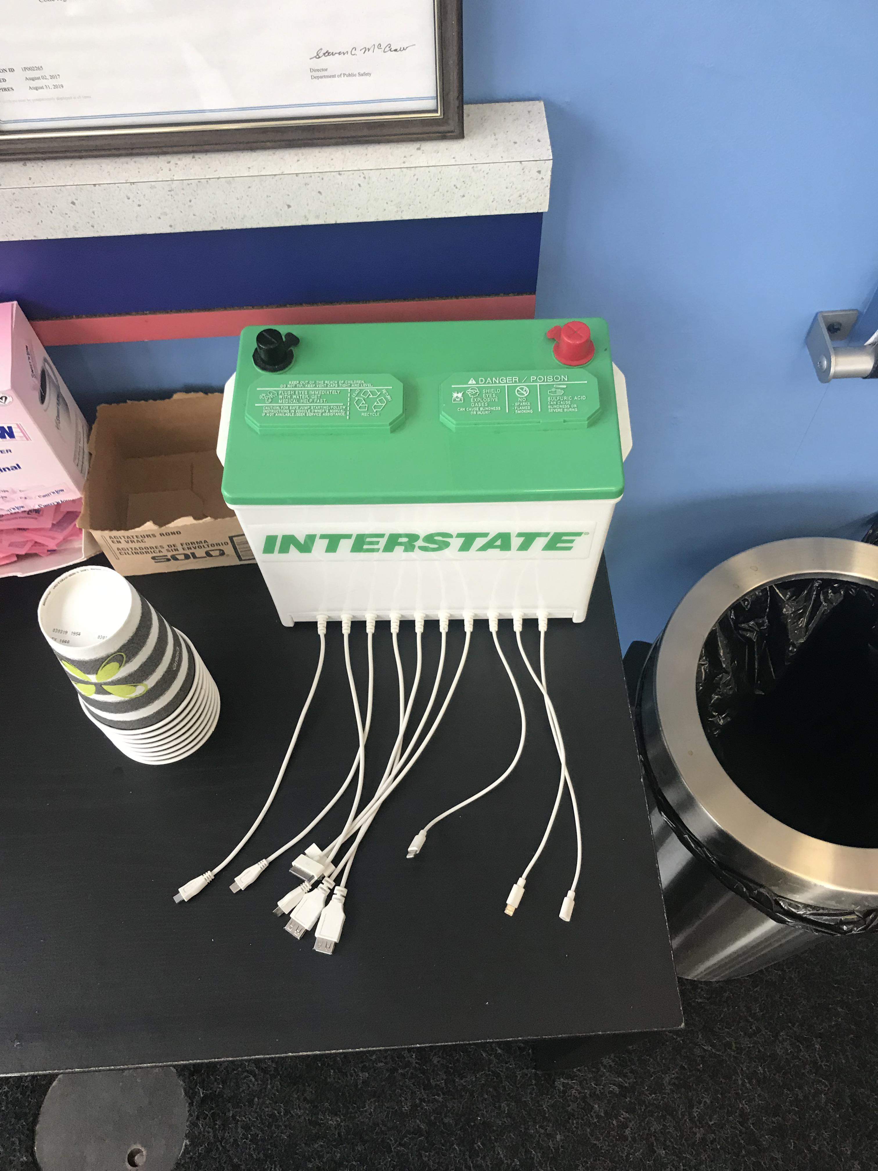 This Firestone has a car battery that can charge your devices. r