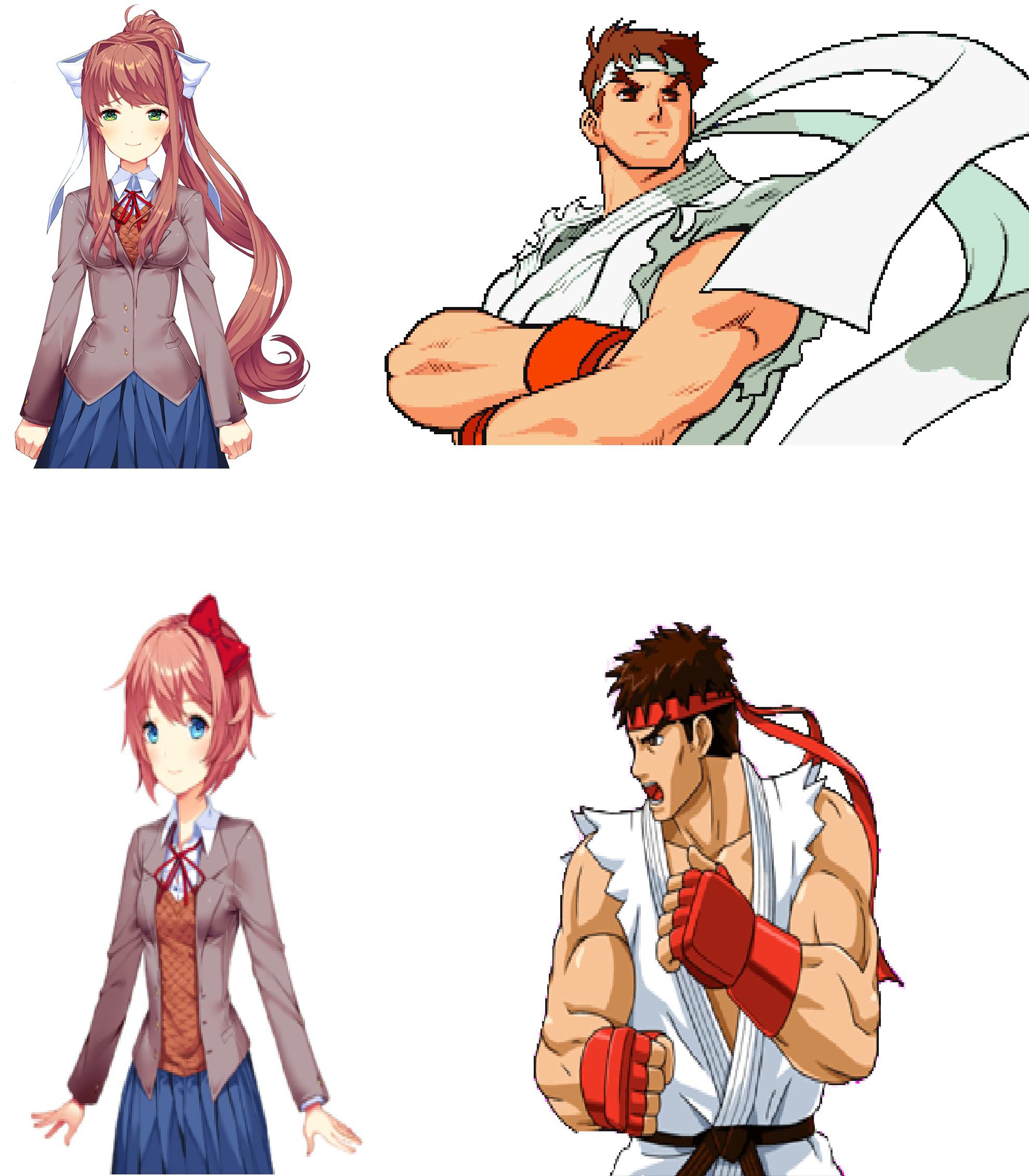 When Monika and Sayori wears a headband they look like Ryu from Street