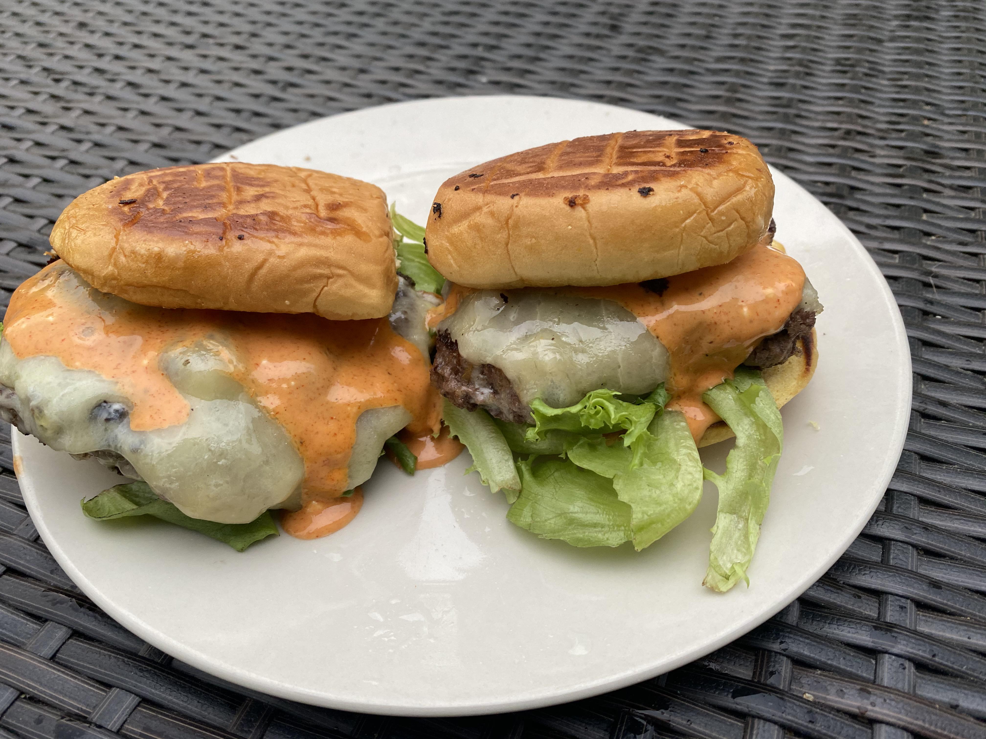 Twin smash burgers topped with Ed’s sauce from the movie Good Burger