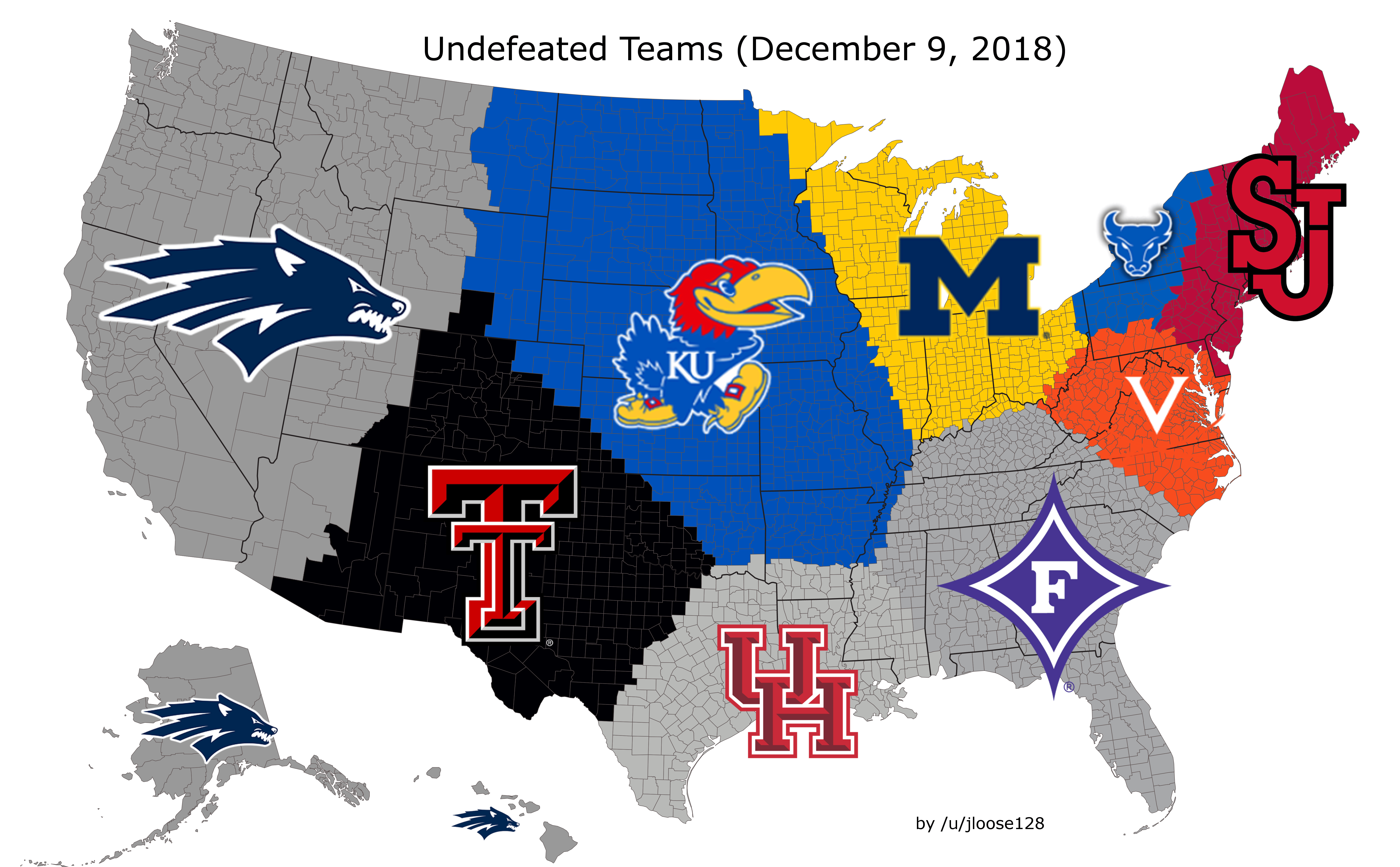 Closest Undefeated Team to Each US County (December 9, 2018) r
