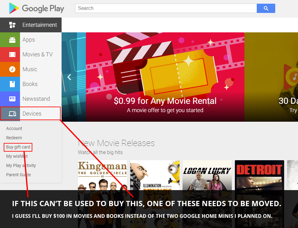 TIL that Google Play gift cards can't buy devices even though they make