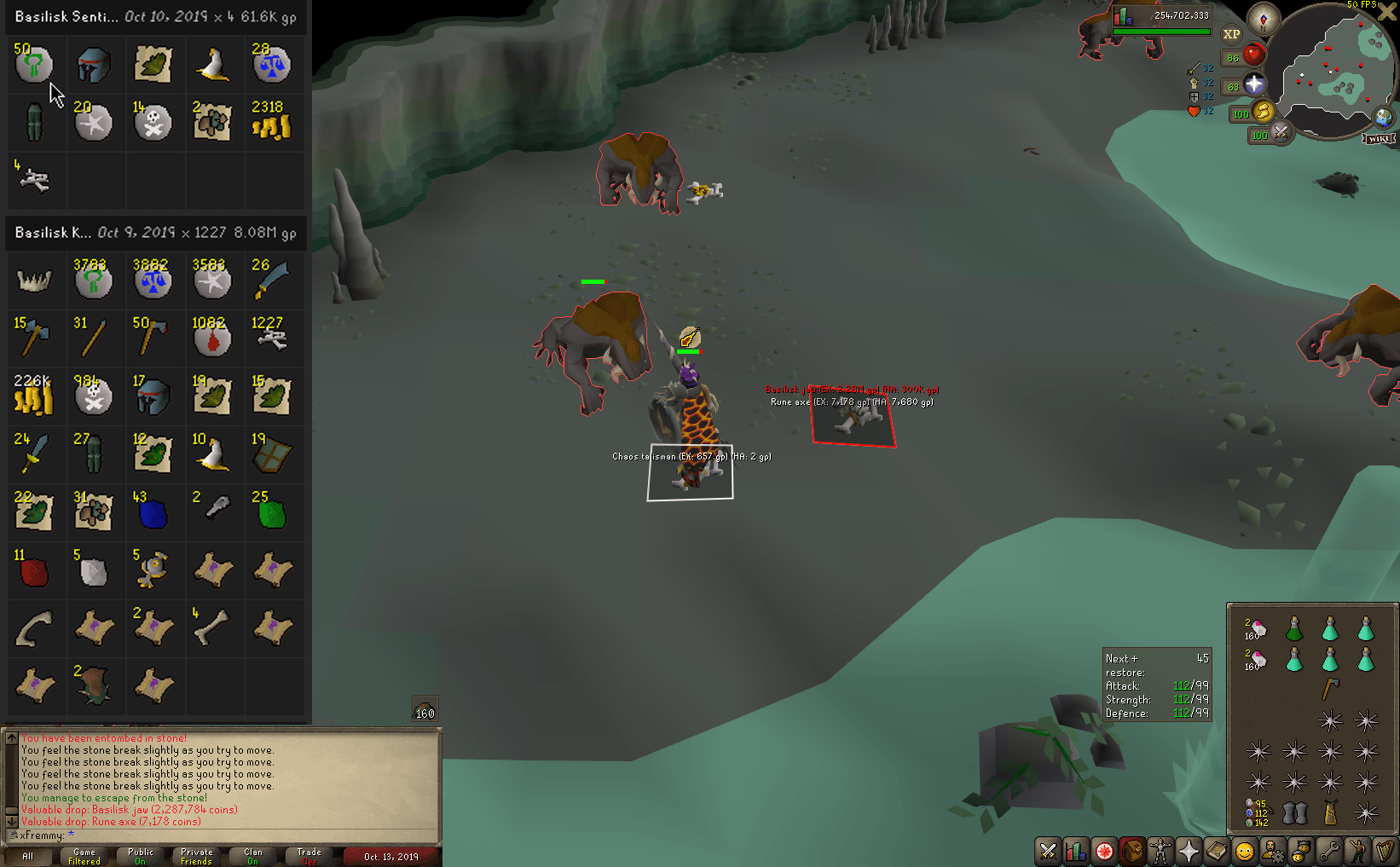 Loot from Basilisk Jaw (1227 kills) ironscape