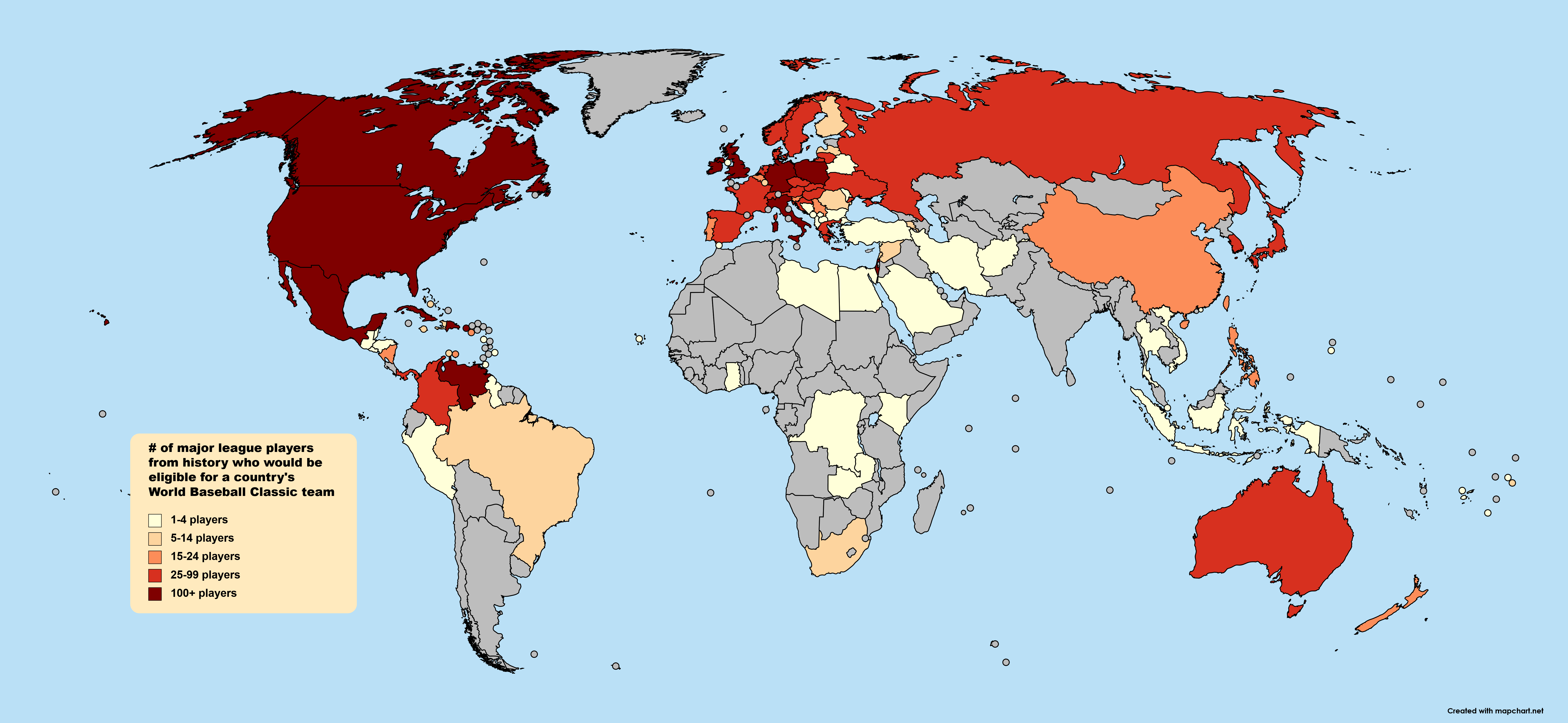 Map of World Baseball Classic eligibility by country for historical major league players r