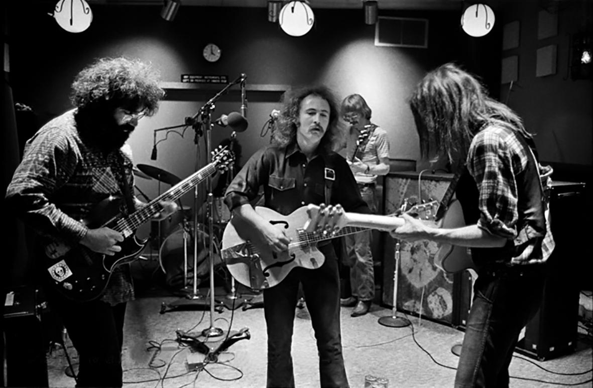 Jerry Garcia, David Crosby, Phil Lesh and Neil Young in 1970 during a