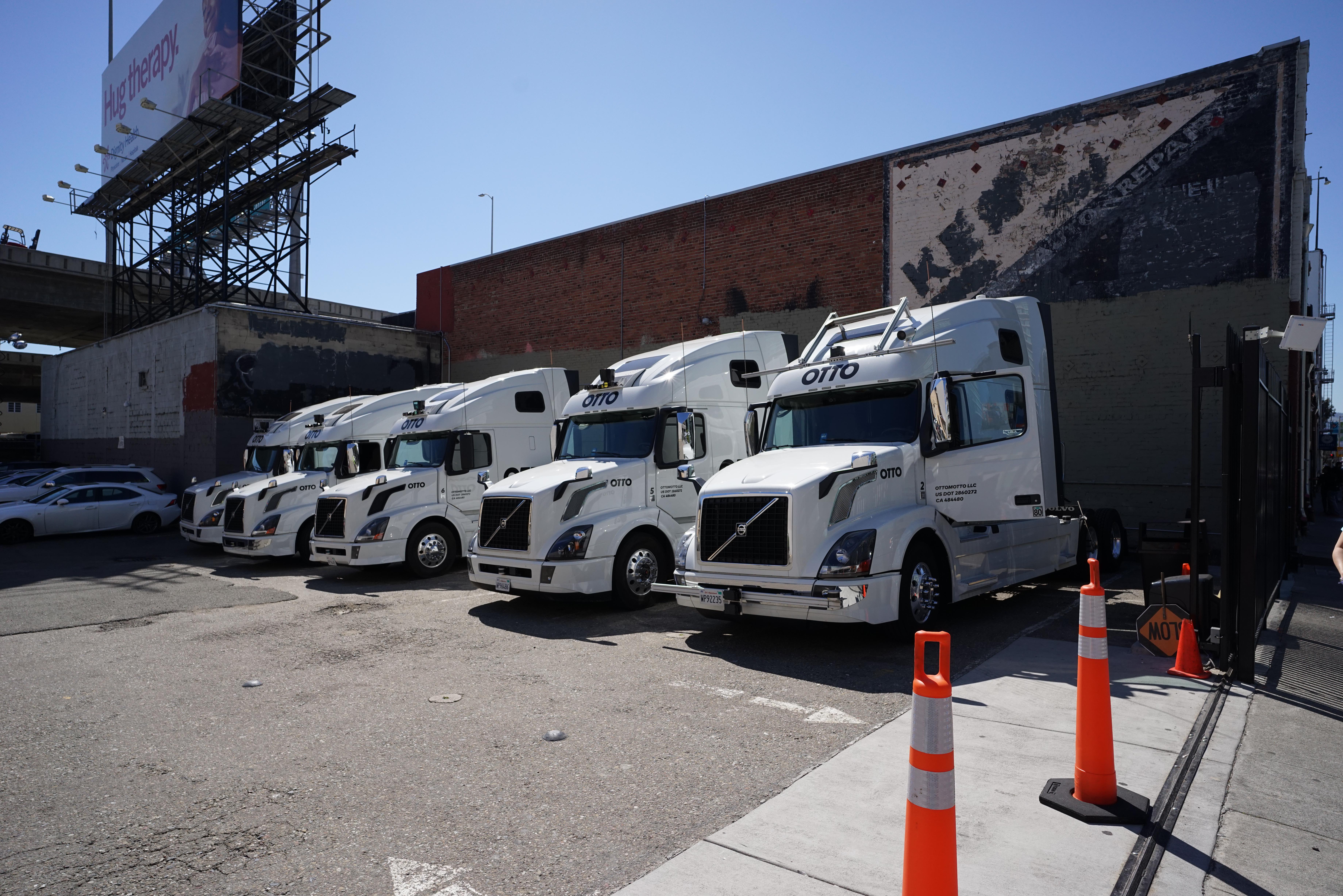 Uber/Otto trucks at the Otto headquarters with a variety of sensor