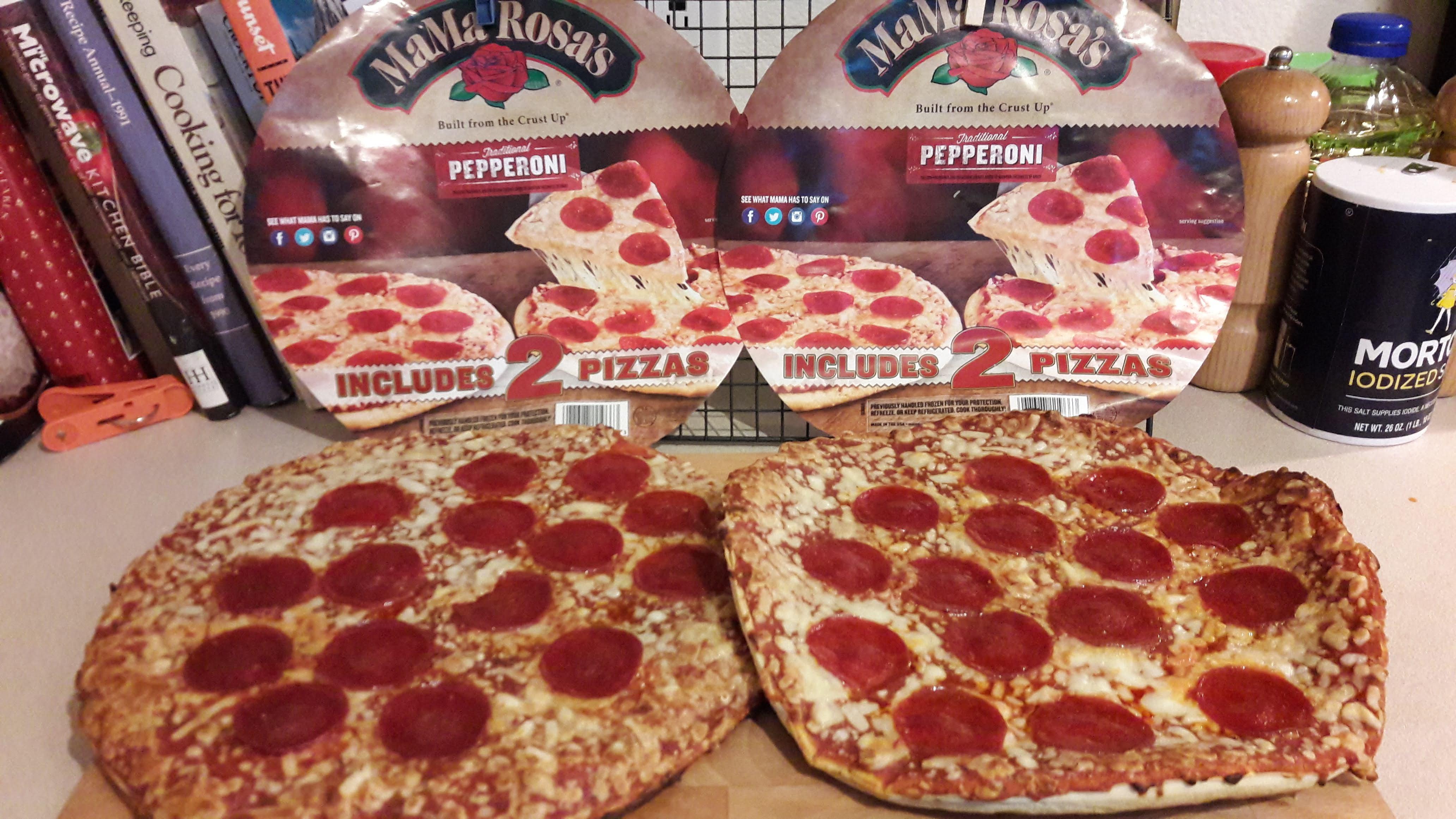 MaMa Rosa's Traditional Pepperoni Pizza — The left cooked in a baking