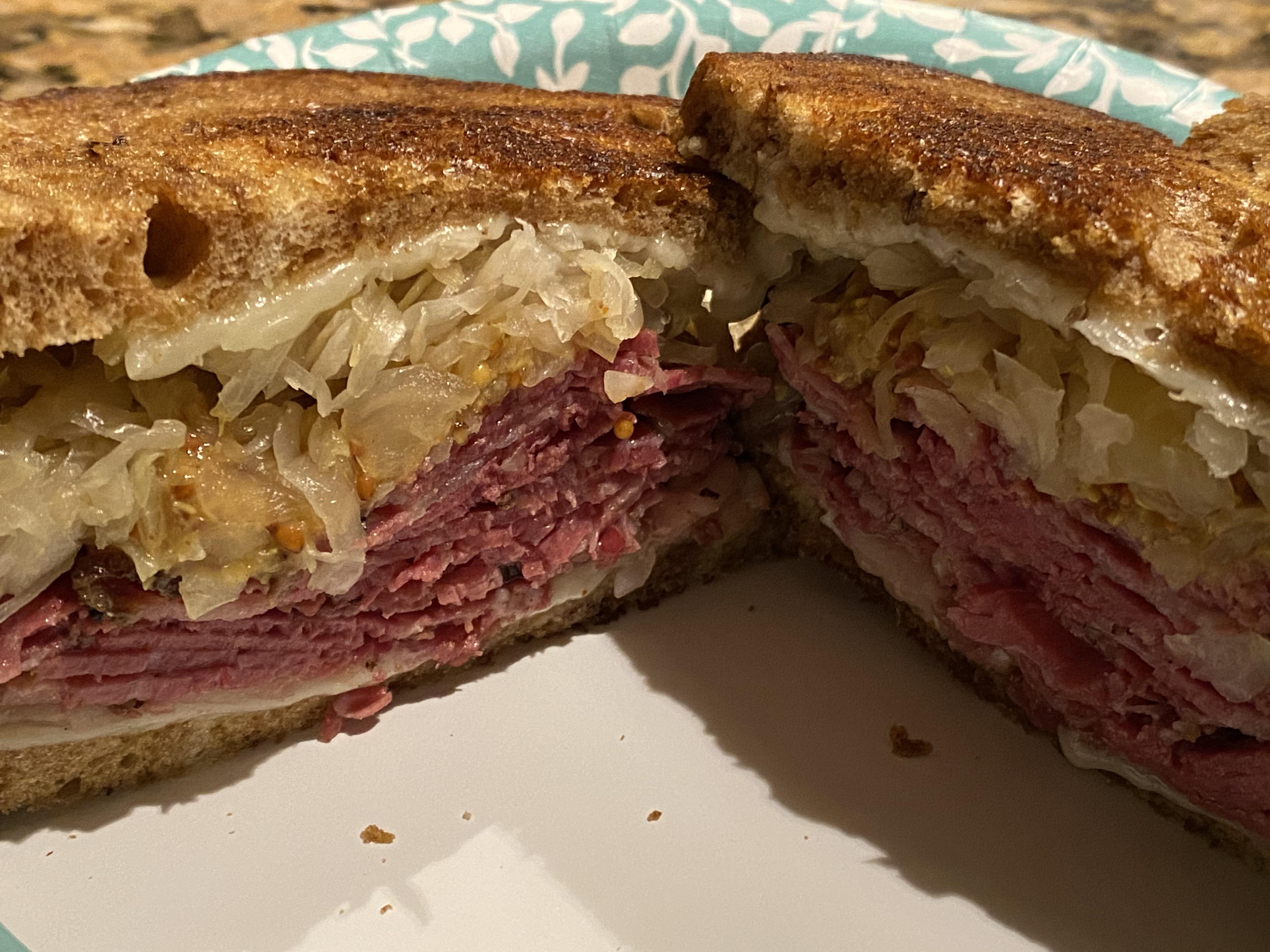 [Homemade] Smoked corned beef, Swiss,sauerkraut, and stone ground