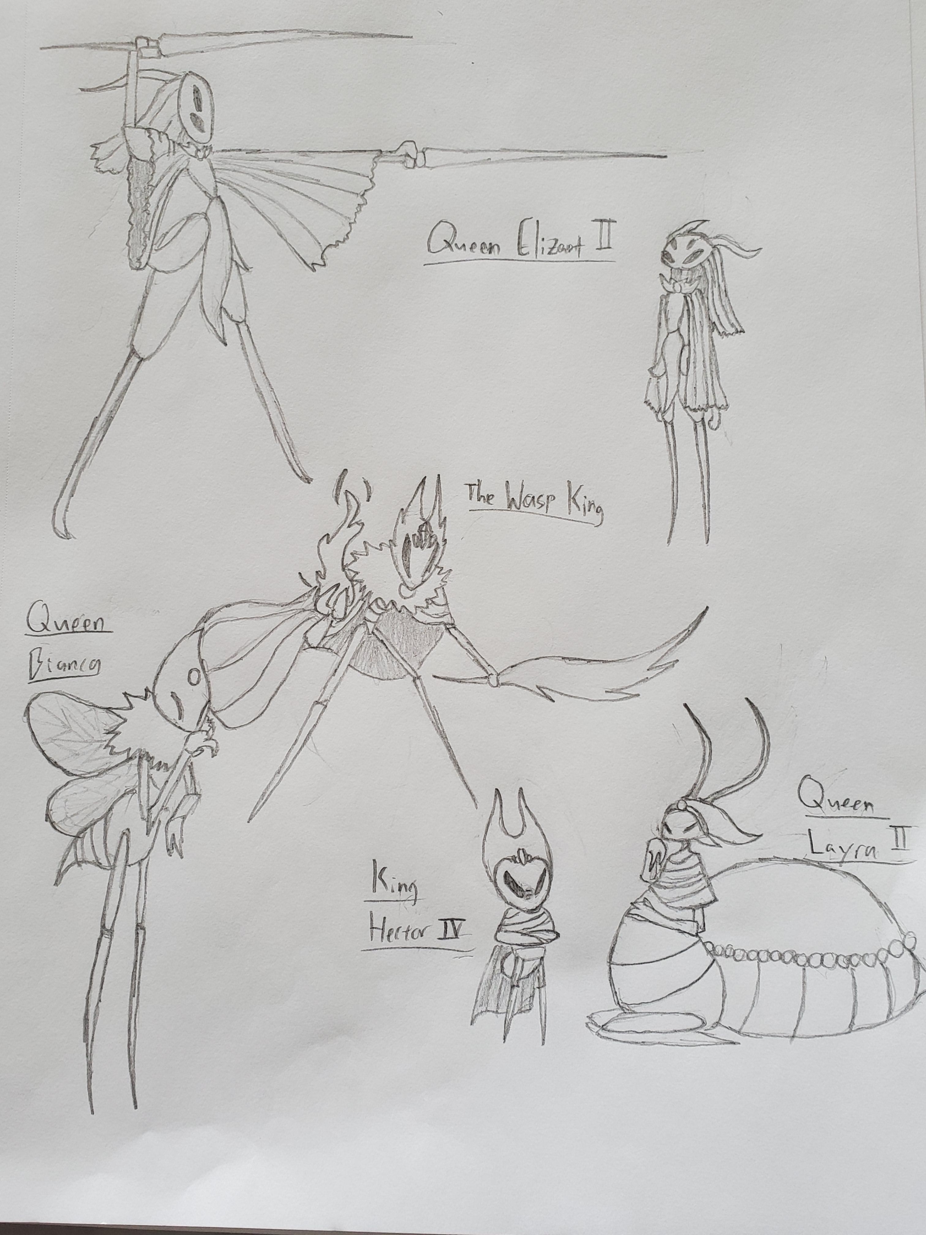 The monarchs of Bug Fables drawn in the style of Hollow Knight r