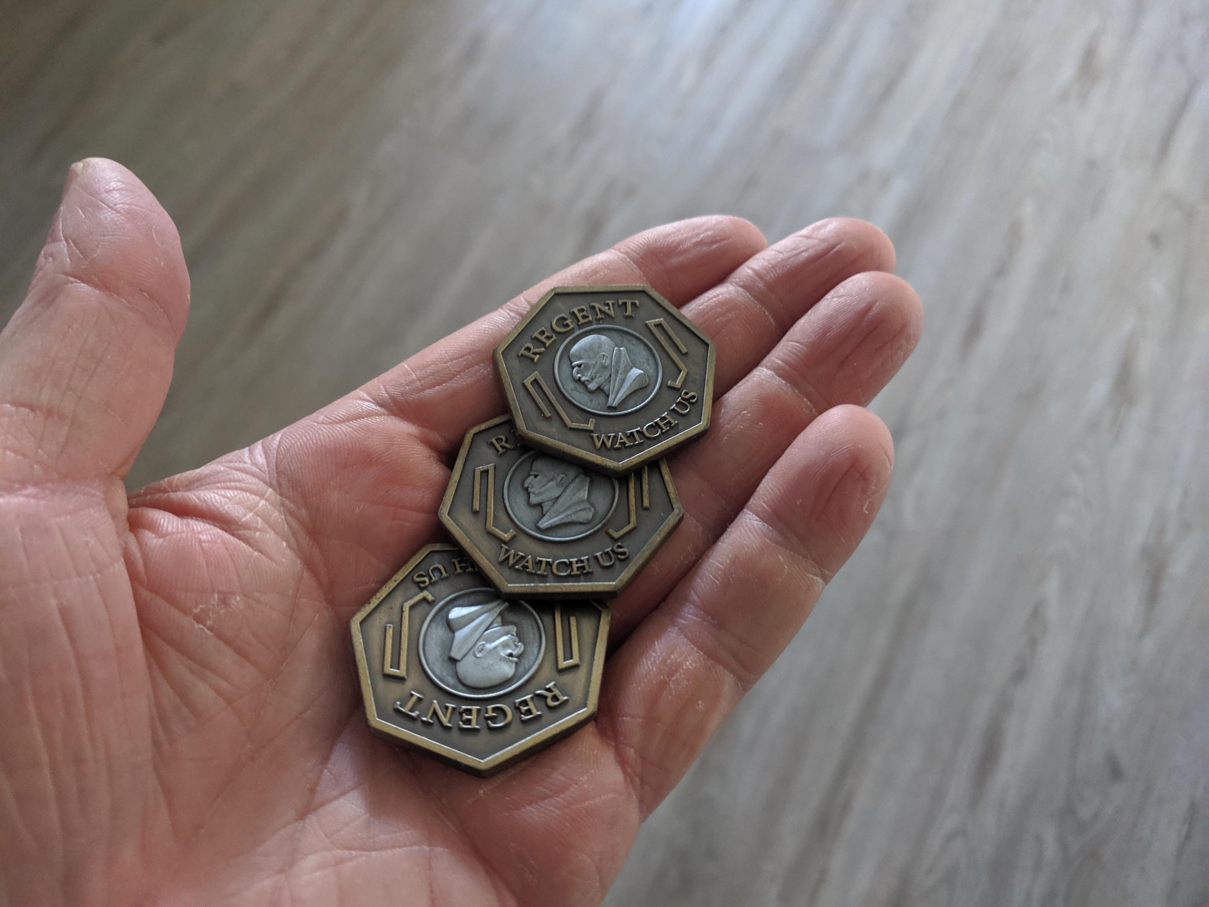 Custom made metal replica coins I ordered from a talented prop maker a