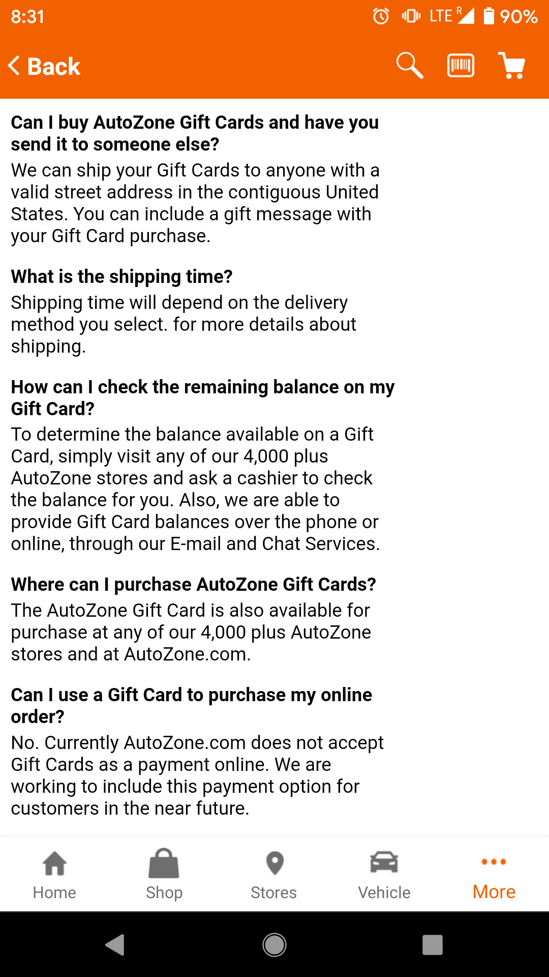 Autozone doesn't let you use their gift cards online. (bottom note) I
