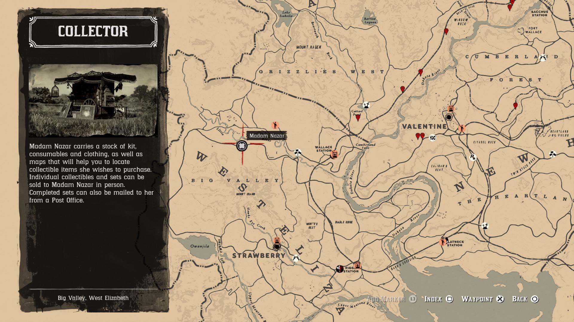 Madam Nazar's Wednesday, October 9th location Big Valley. r/RDR2