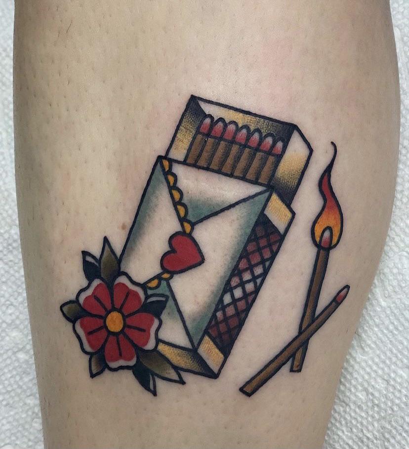 Matchbox tattoo inspired by You Ain’t No Saint by Aaron West and the