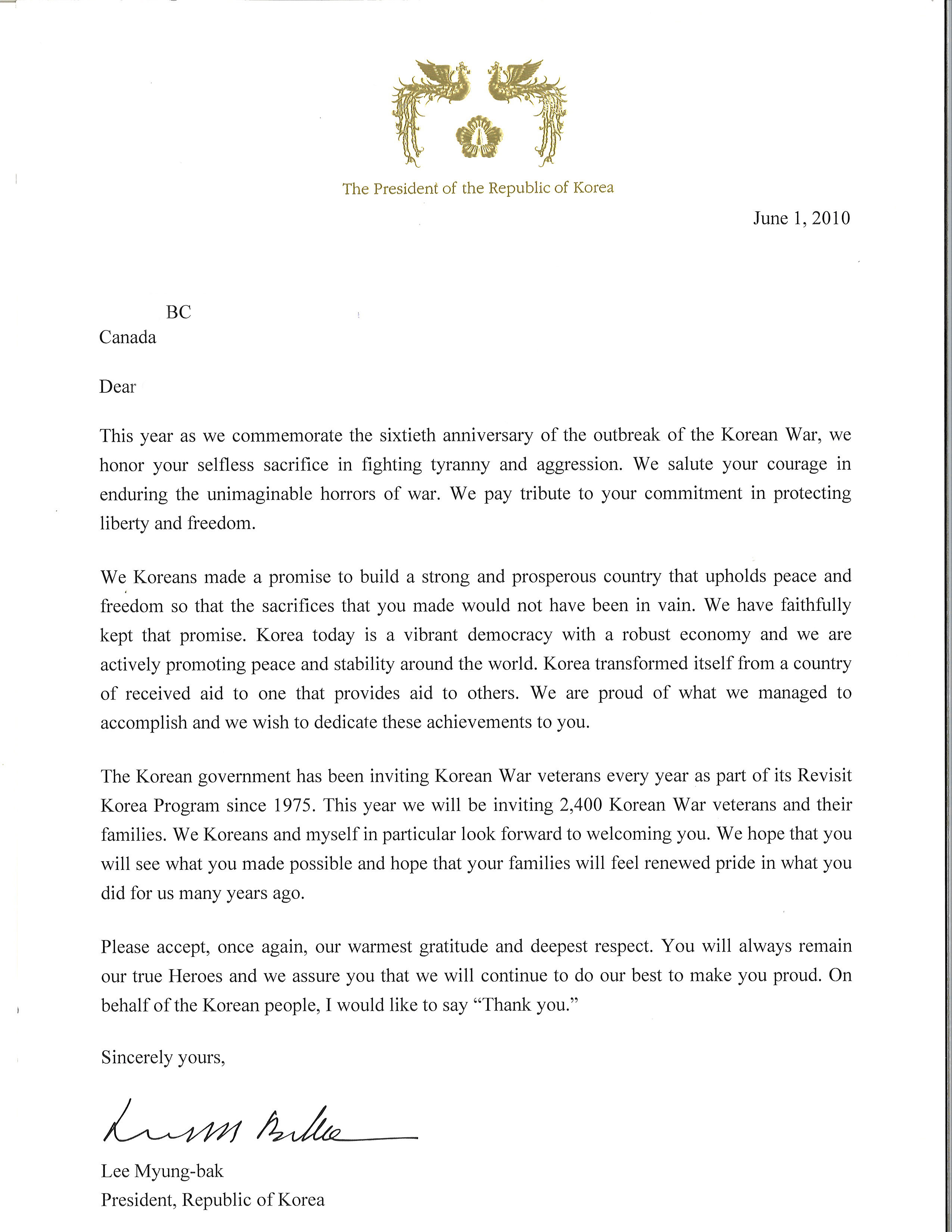 Letter to a Korean War Veteran in Canada from the President of The