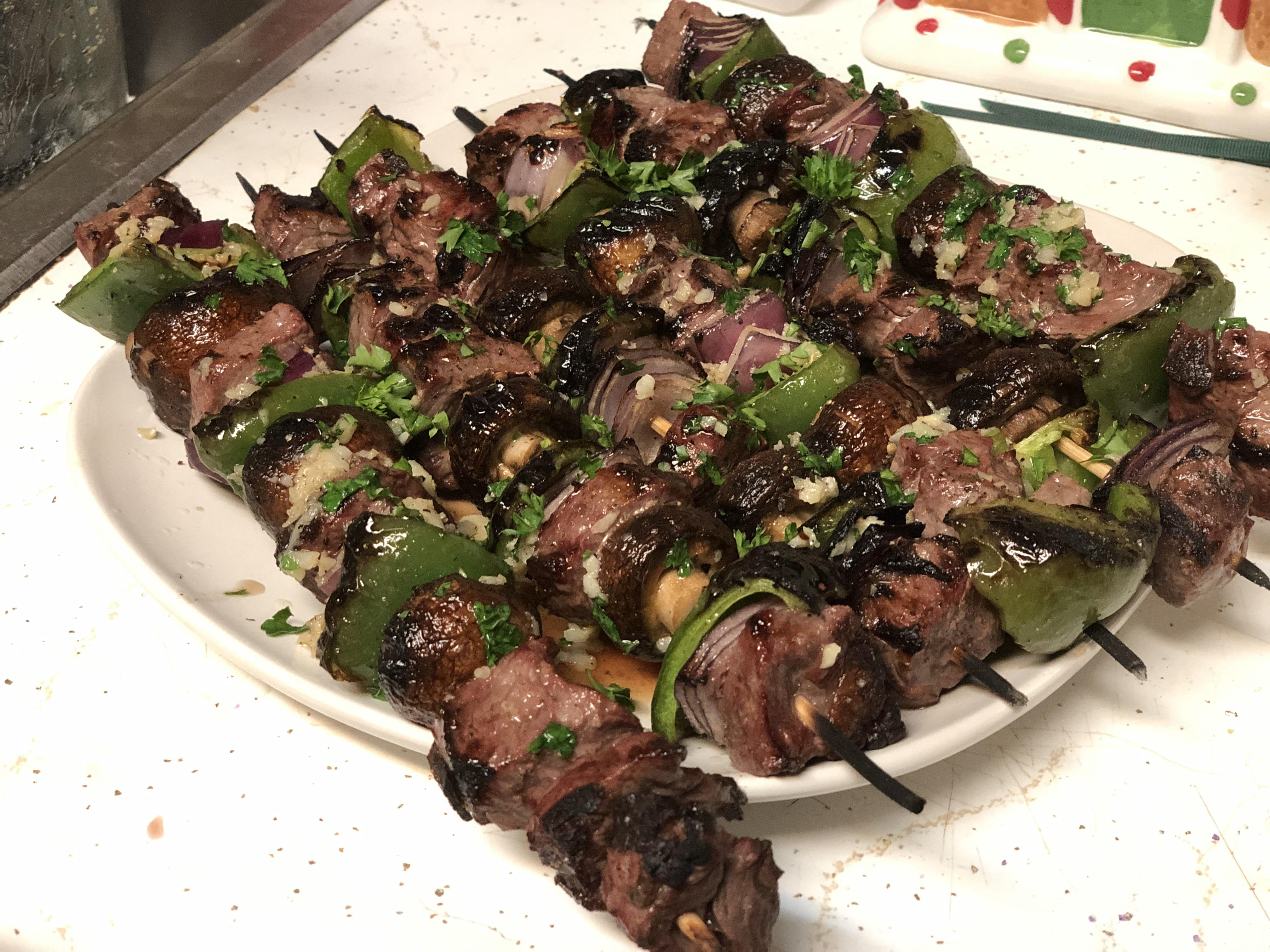 Sirloin/Red Onion/Bell Pepper/Mushroom Kabobs with garlic butter sauce