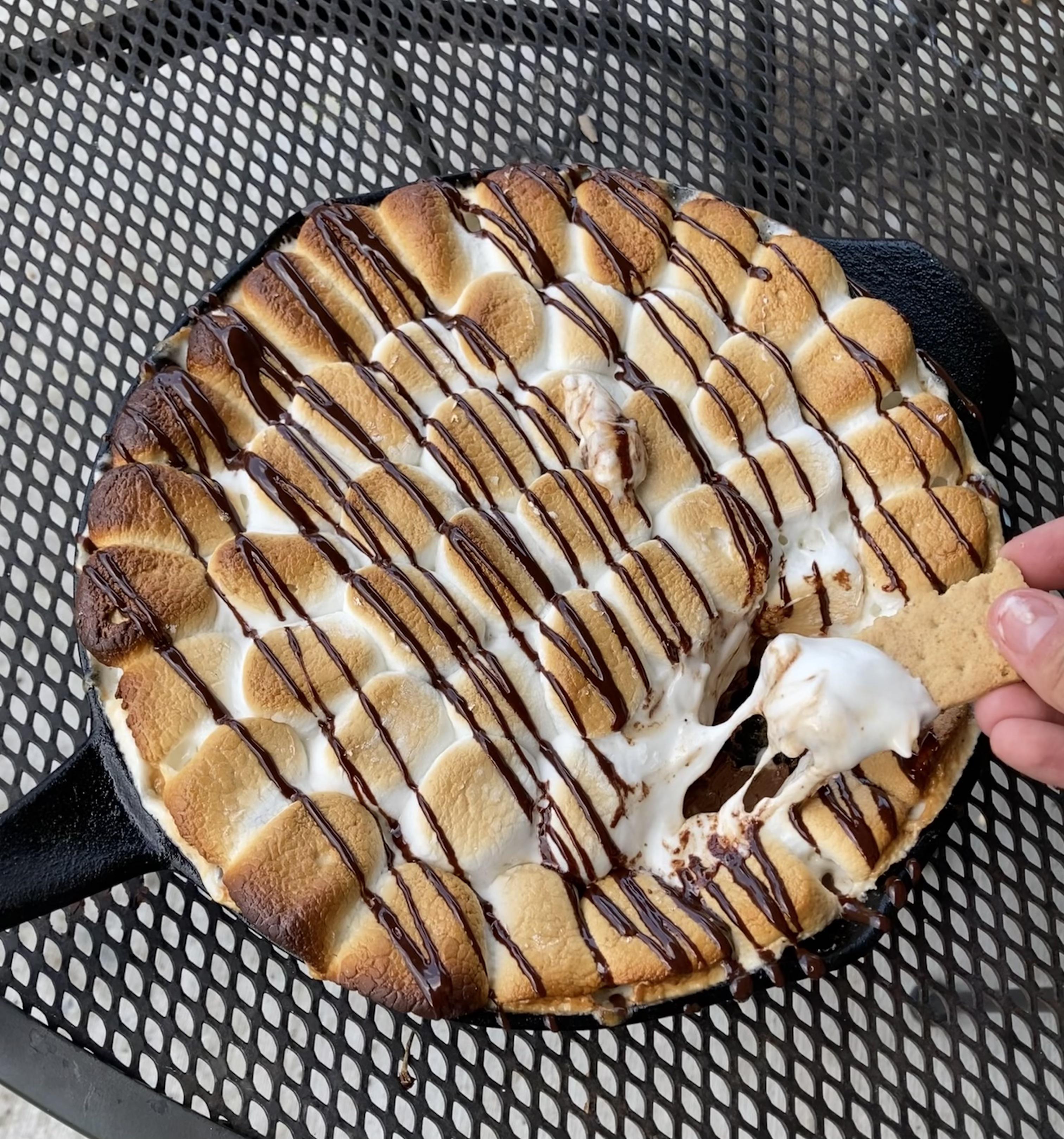 Week 30 Camping Cast iron s’mores dip with graham cracker “chips