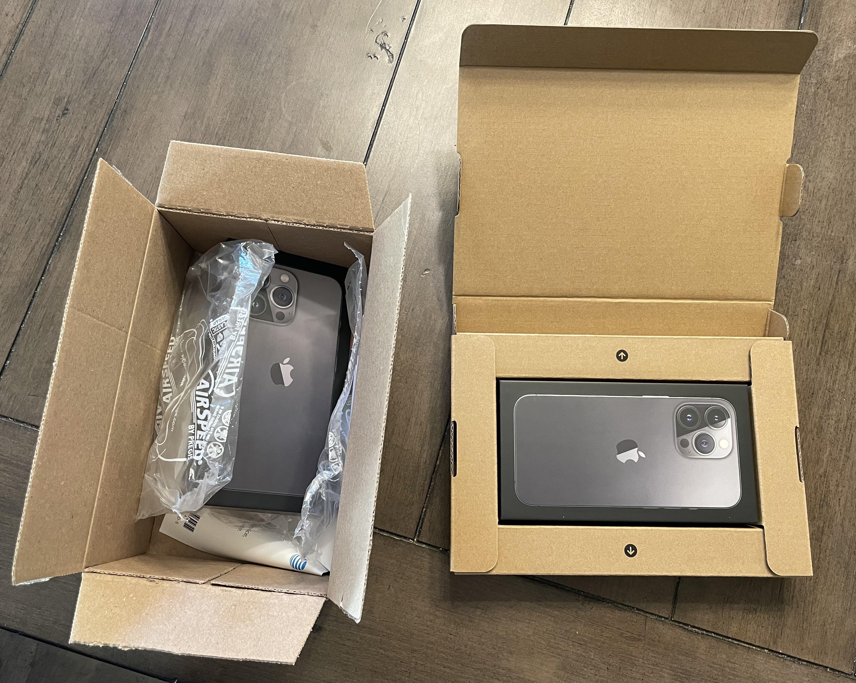 How AT&T ships a new iPhone (left) vs how Apple ships the same phone