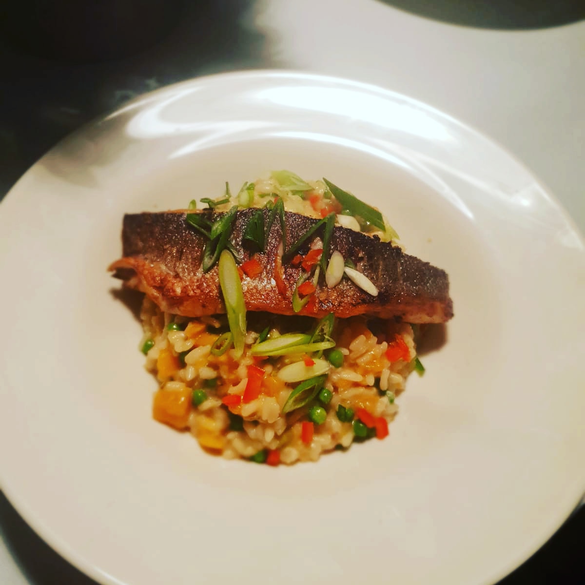 Butternut, asparagus & lime risotto with pan fried ginger and chilli