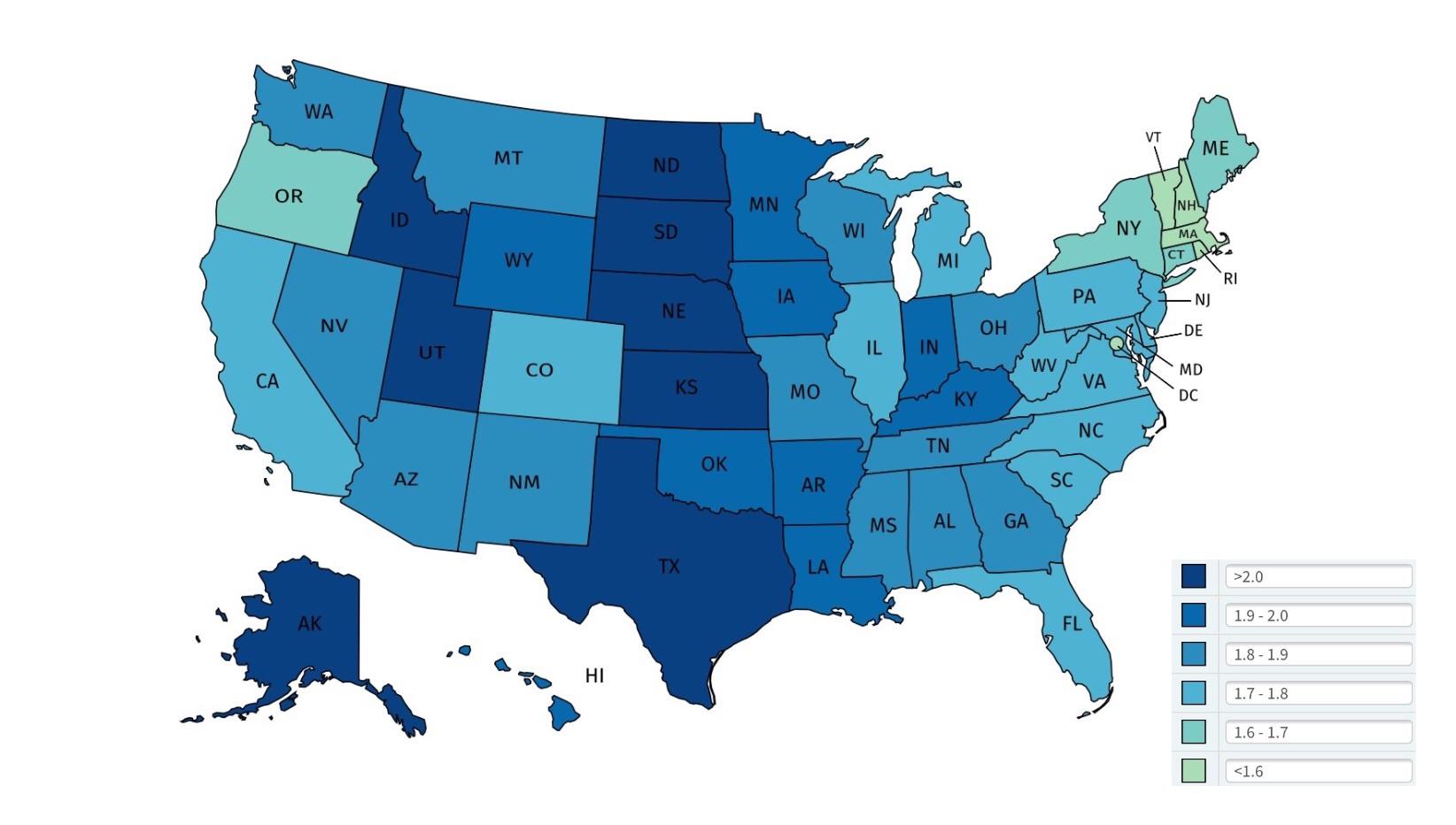 This is a redo of a map I made about fertility rates in each of the