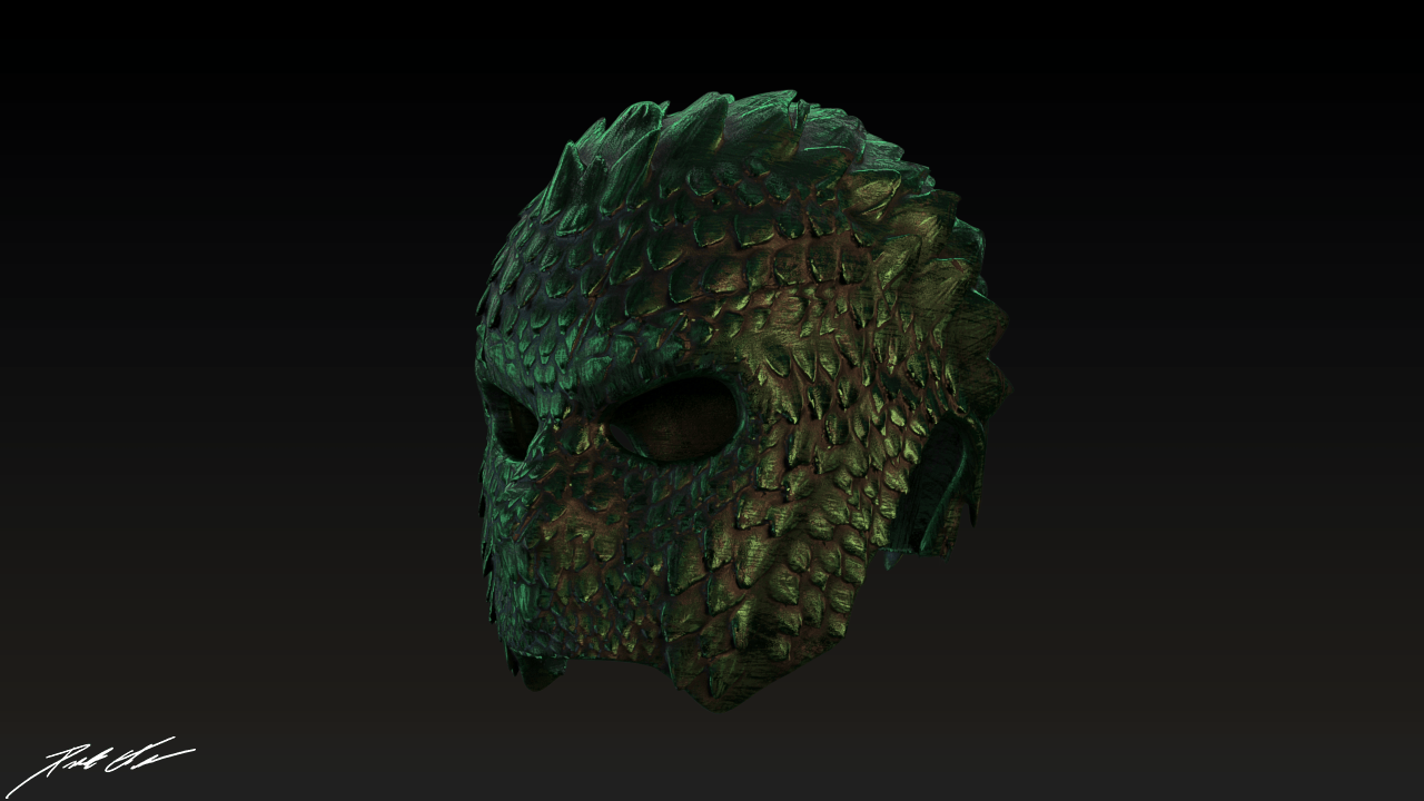 [Art] A green dragon scale helm, not sure what kind of stats I would