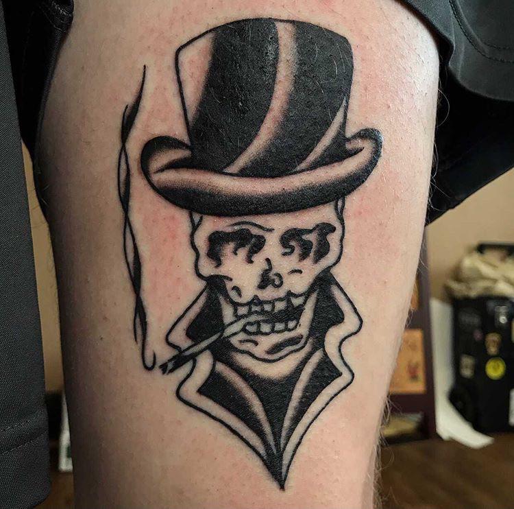 Skull guy flash, by Dylan at Red Rooster, Longview, TX tattoos