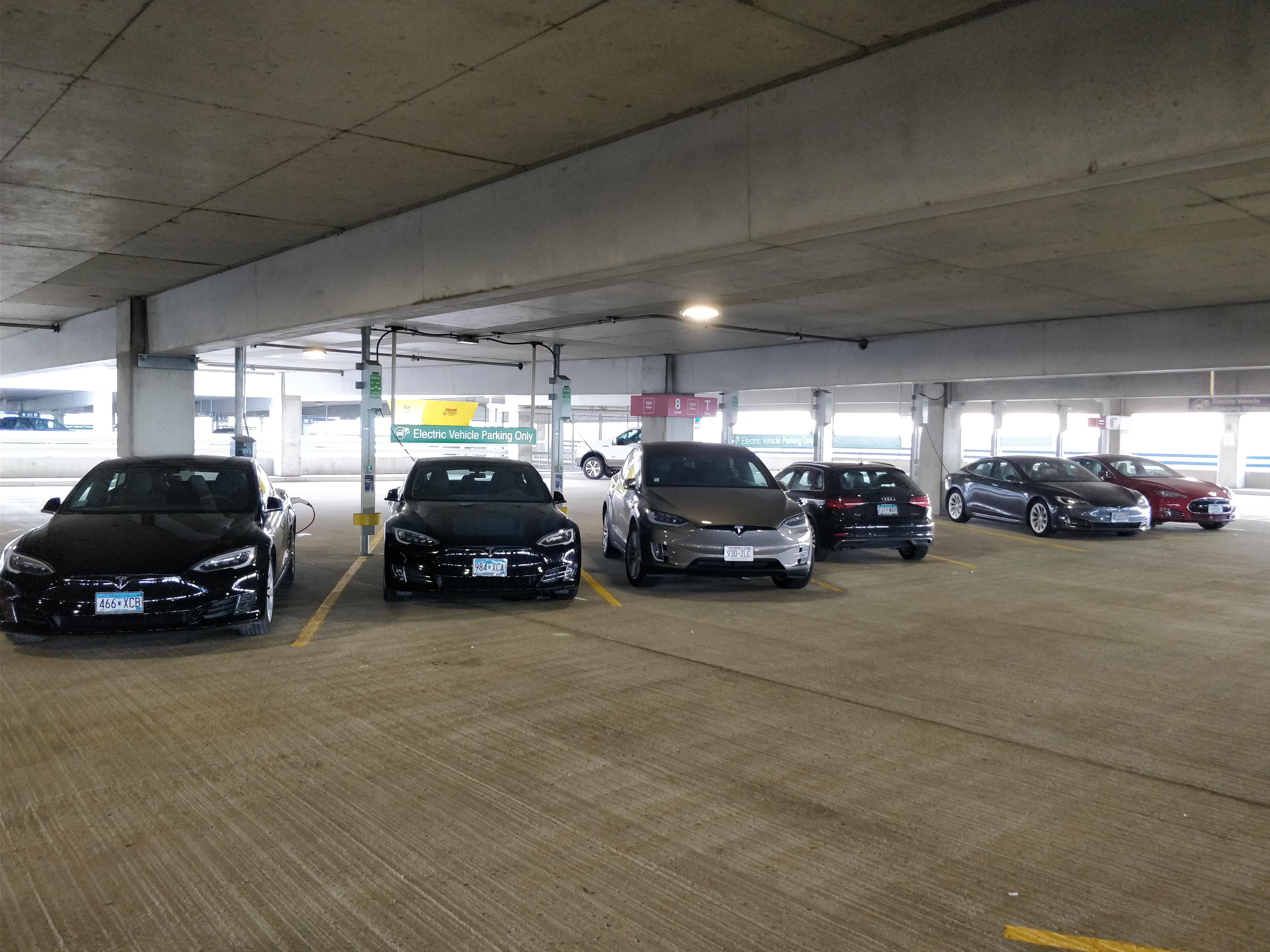 EV parking at MSP intl airport. All 100D and 90D's except for my wimpy