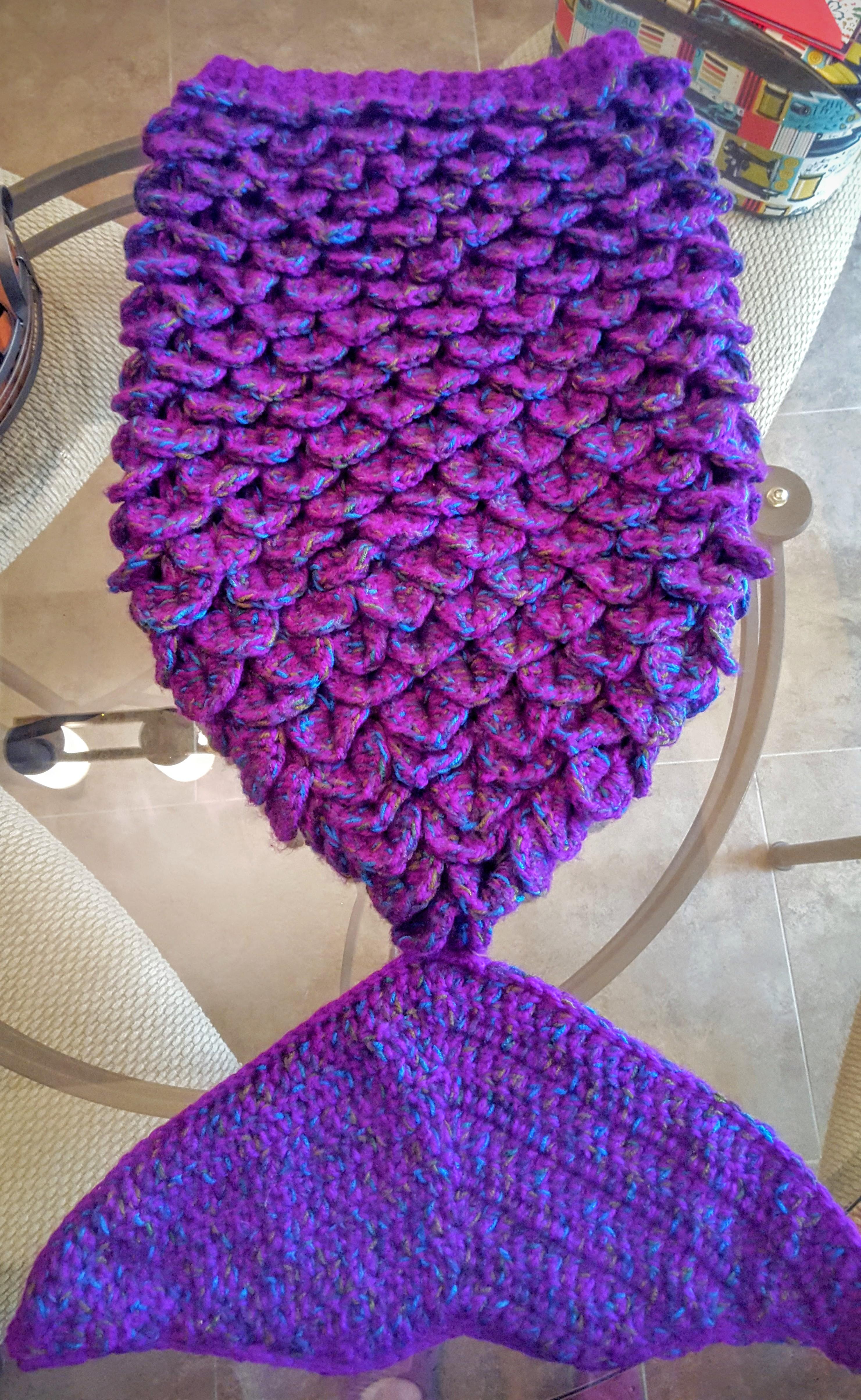 Mermaid tail in crocodile stitch using two yarns held together. Pattern
