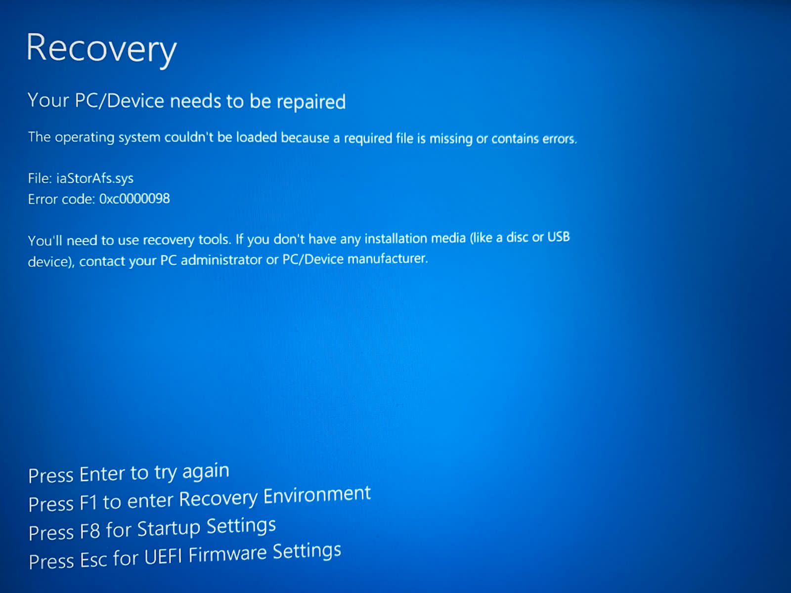 Blue screen error iaStorafs.sys missing r/MDT