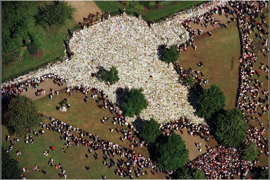 An aerial view of the flowers left outside Buckingham palace after the