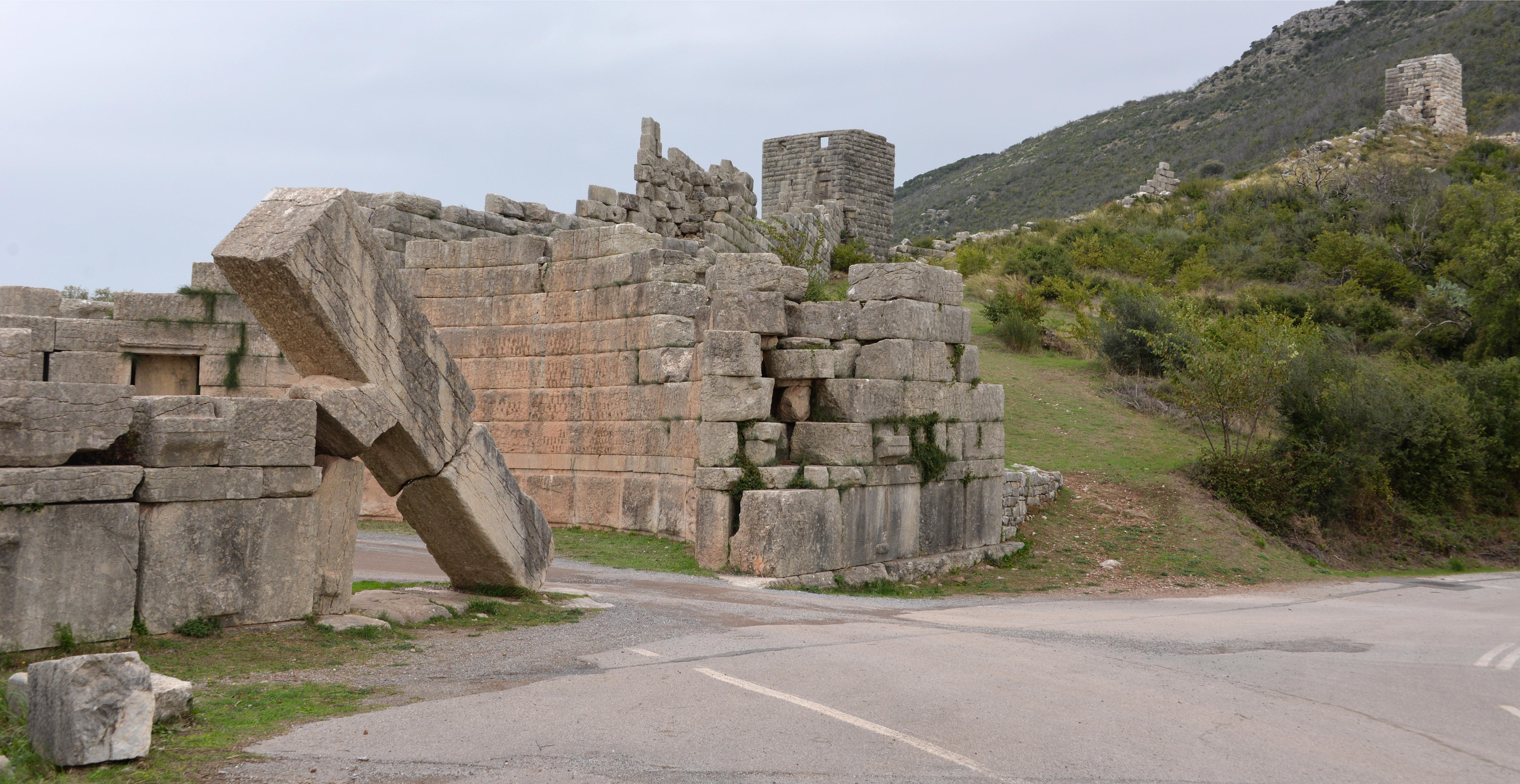 Ancient Greek city walls of Messene, near Sparta. The city gate is