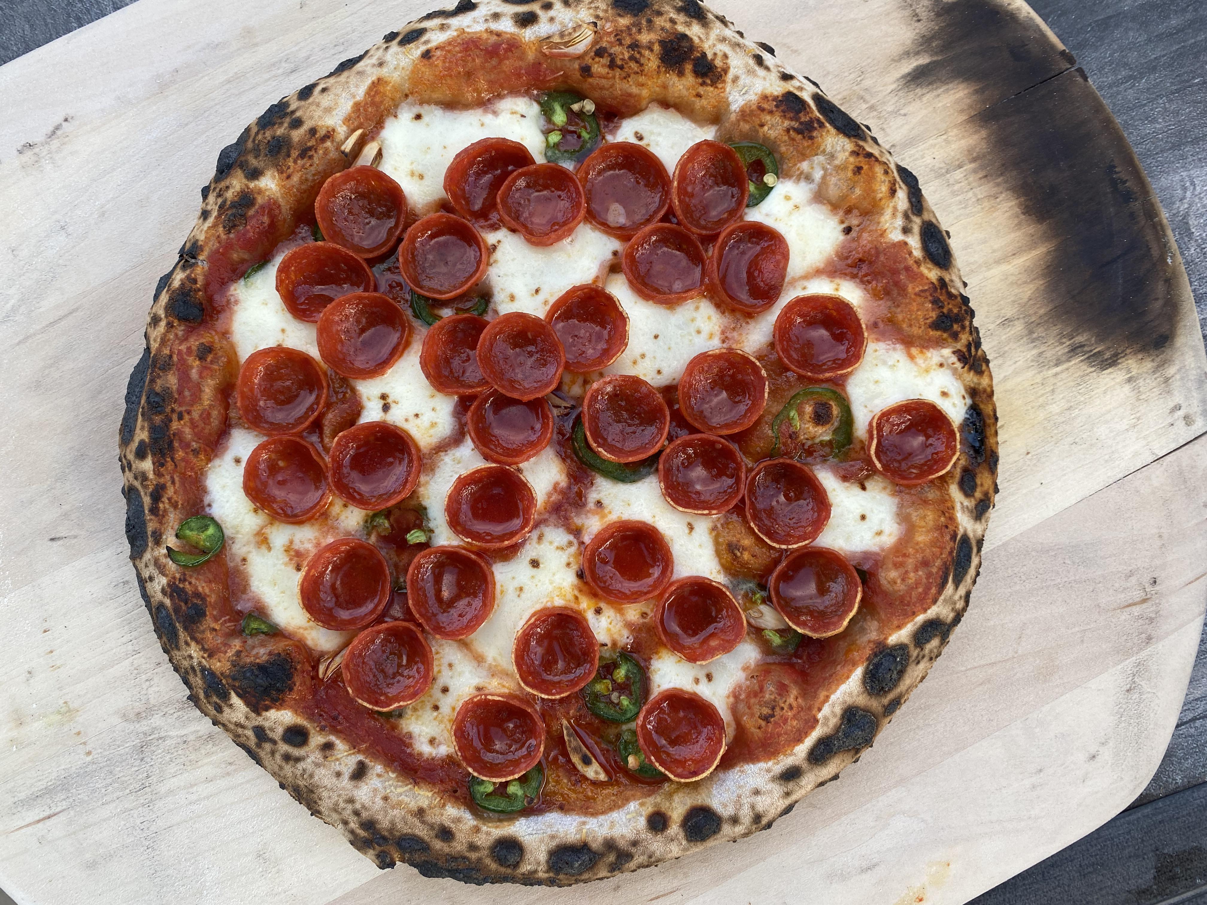 Pepperoni, jalapeño, garlic on Sourdough crust r/Pizza