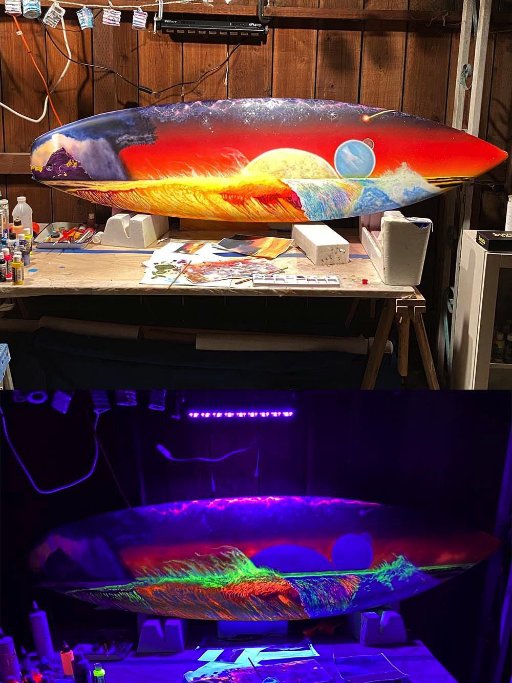 Celestial Wave, acrylic airbrush on a 6’2” Tony Staples vintage