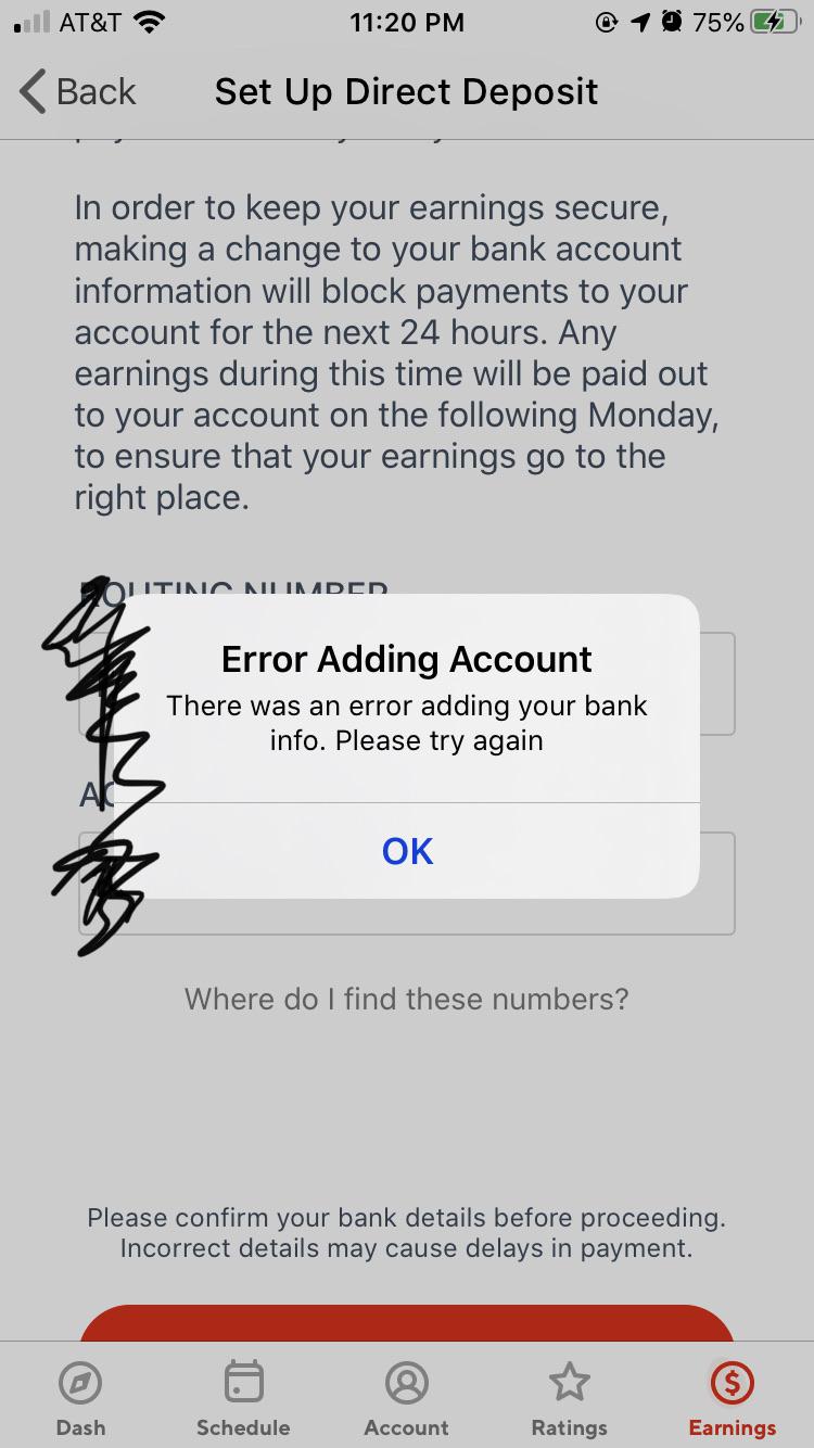 Help, still have this annoying error when trying to add my bank info