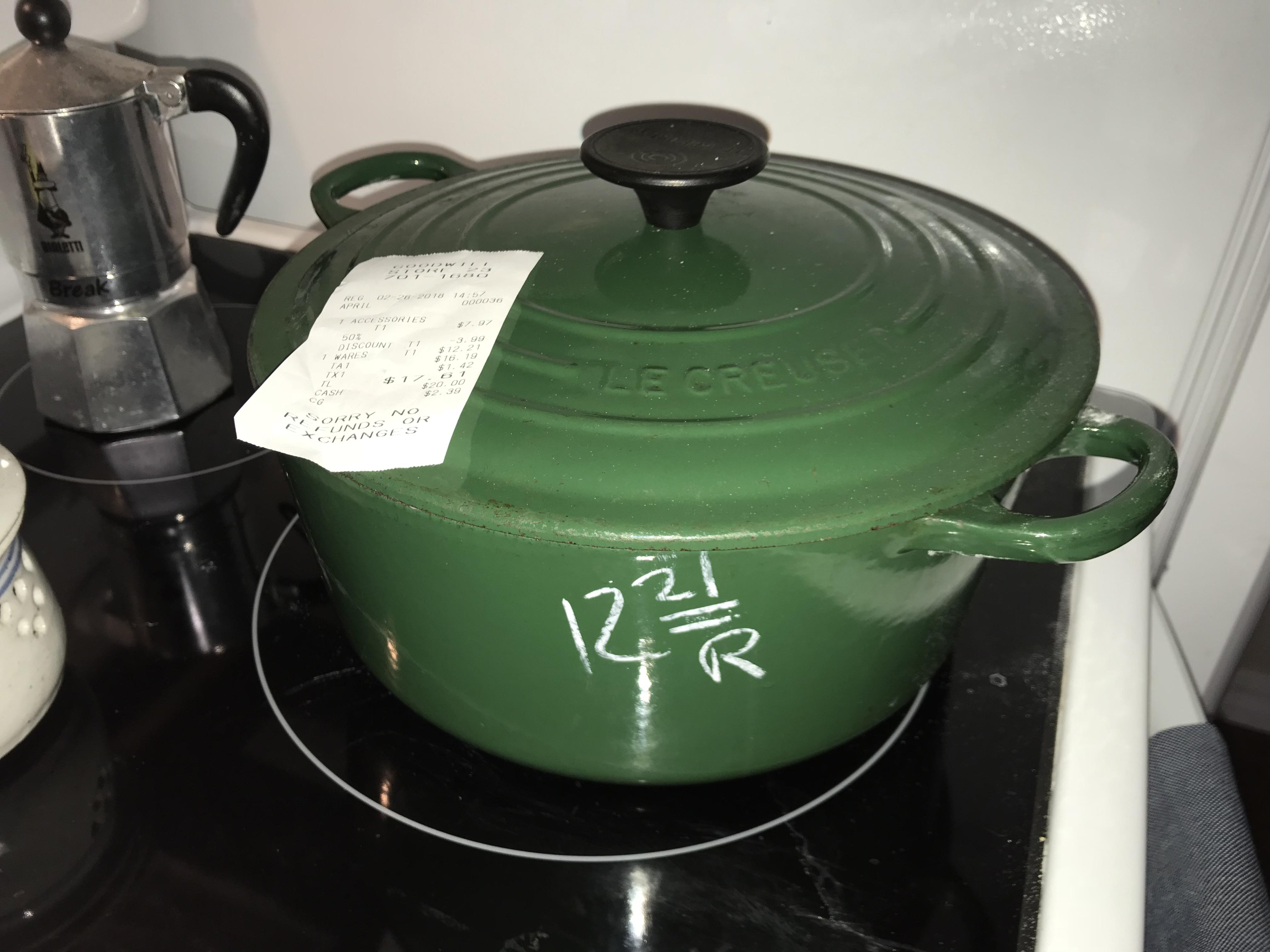 My dudes, I got one! A Le Creuset from Goodwill for 12.21. I’m so