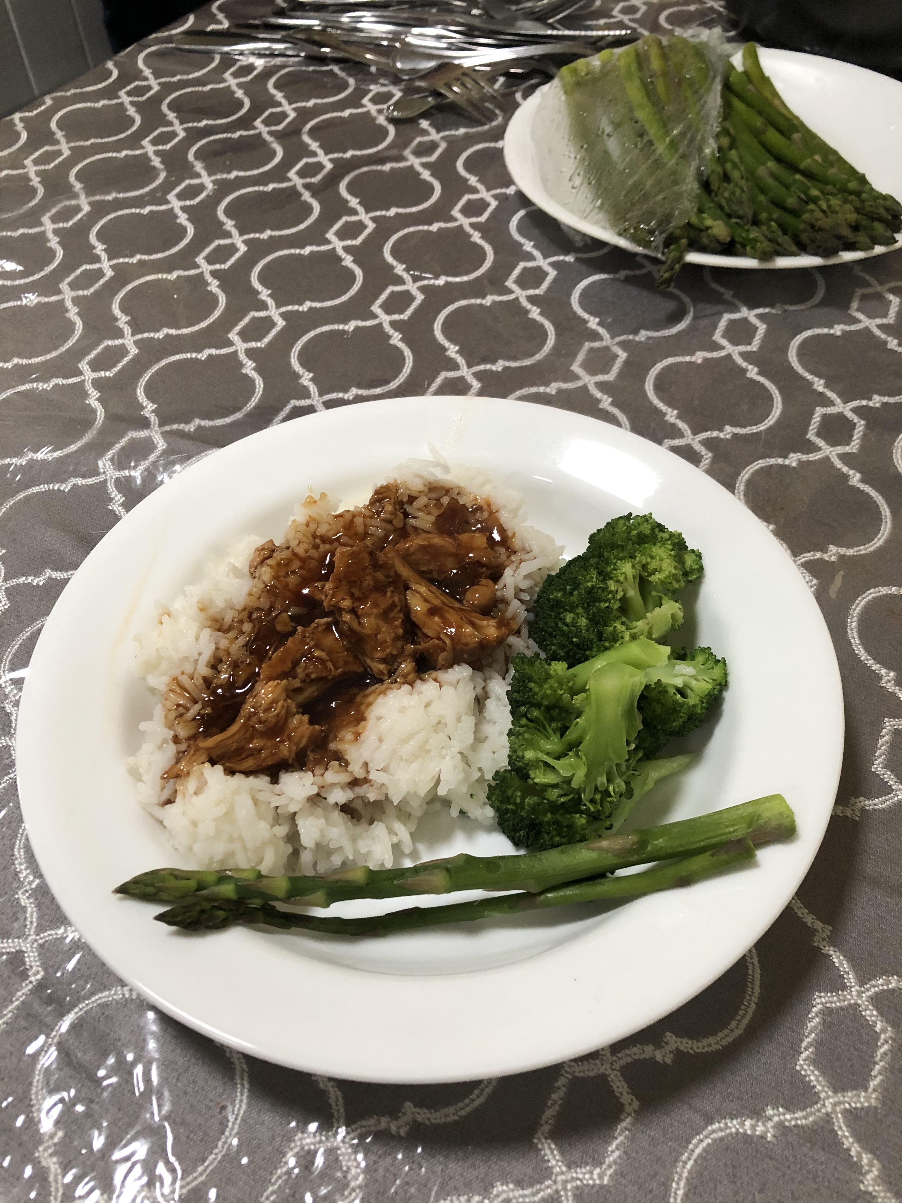 Honey Garlic Chicken, broccoli, asparagus and basmati rice. r/instantpot