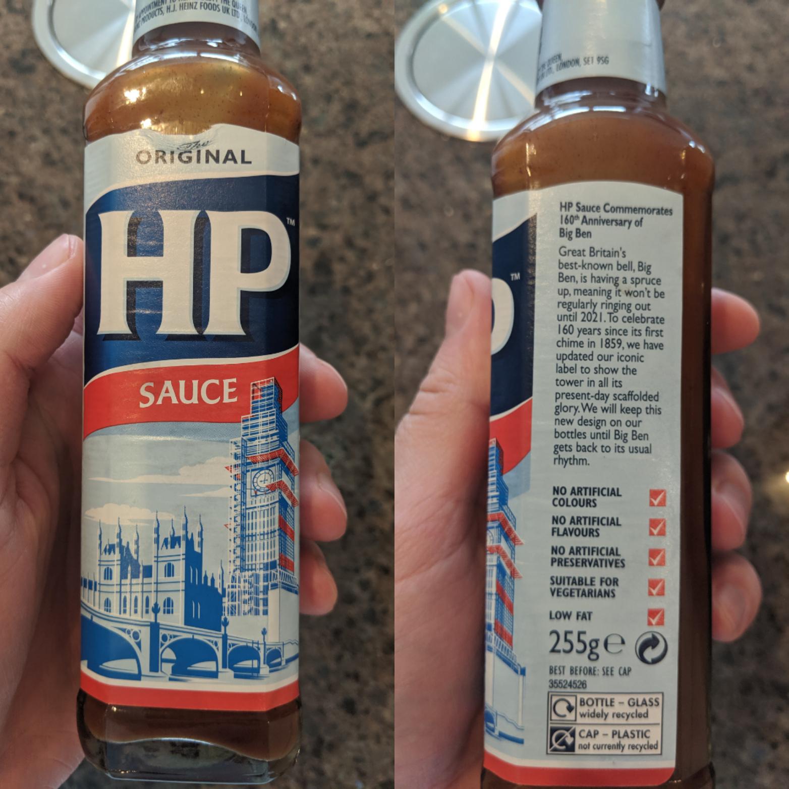 The HP Sauce bottle has been updated to show Big Ben in scaffolding