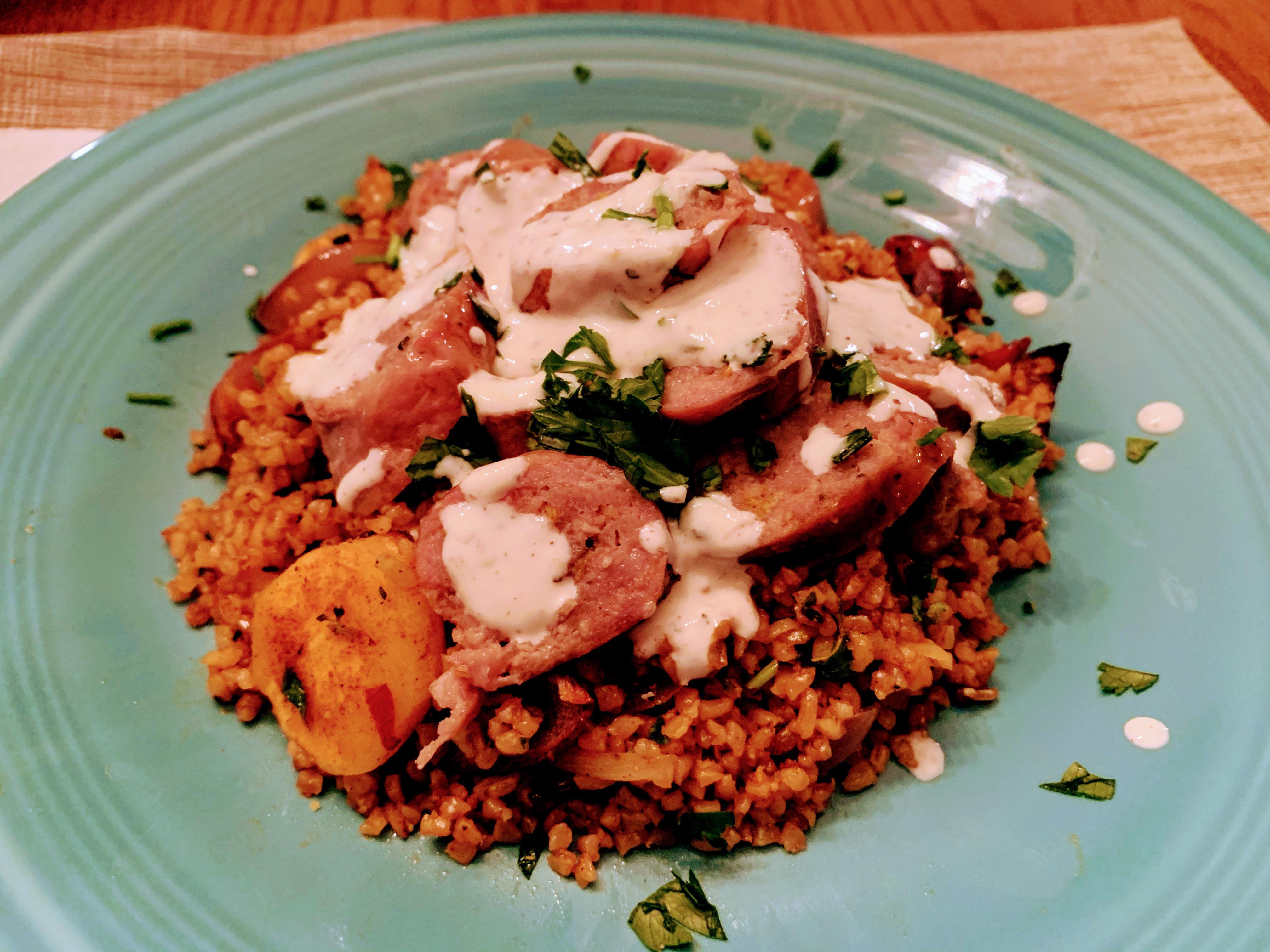 Pork sausage over autumn pilaf so delicious! r/hellofresh
