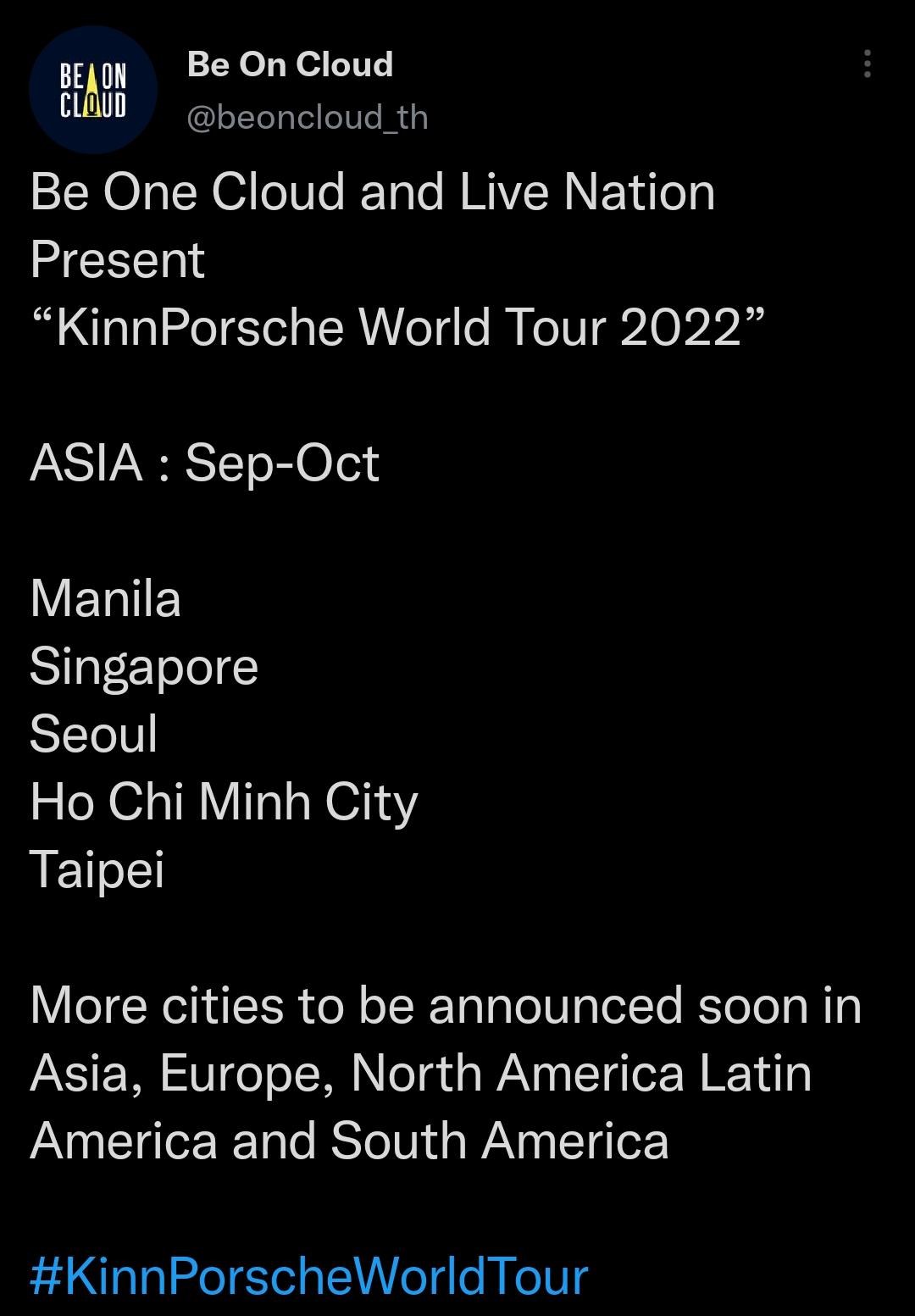 KinnPorsche World Tour 2022 Five Cities Announced by BOC for SeptOct