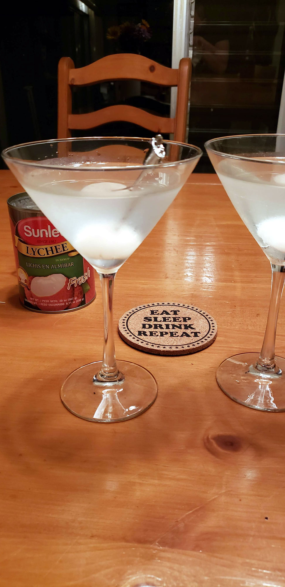 My first Lychee Martini. 3 oz Tanqueray gin, 1 oz dry Martini vermouth