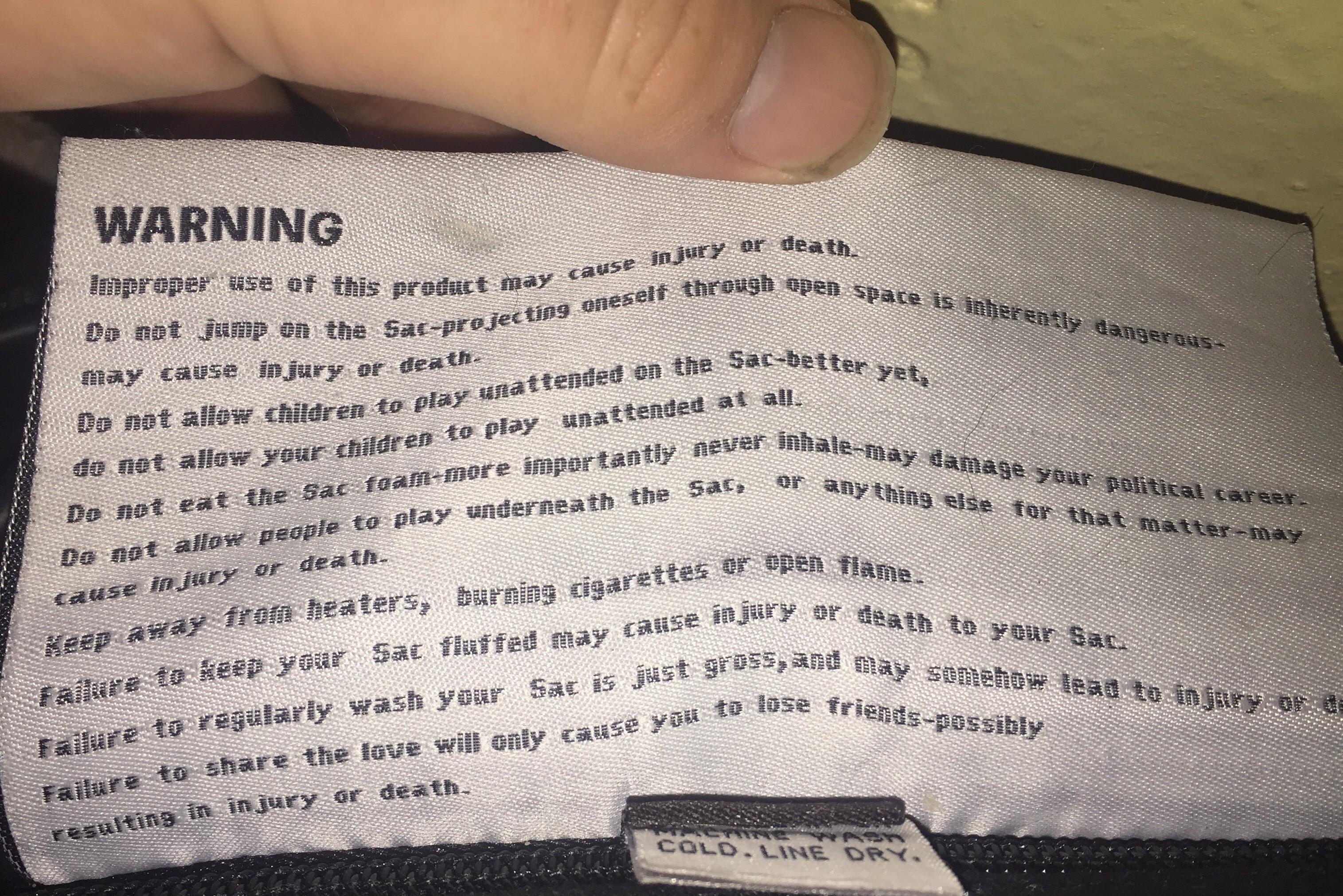 This warning label on a LoveSac r/IRLEasterEggs