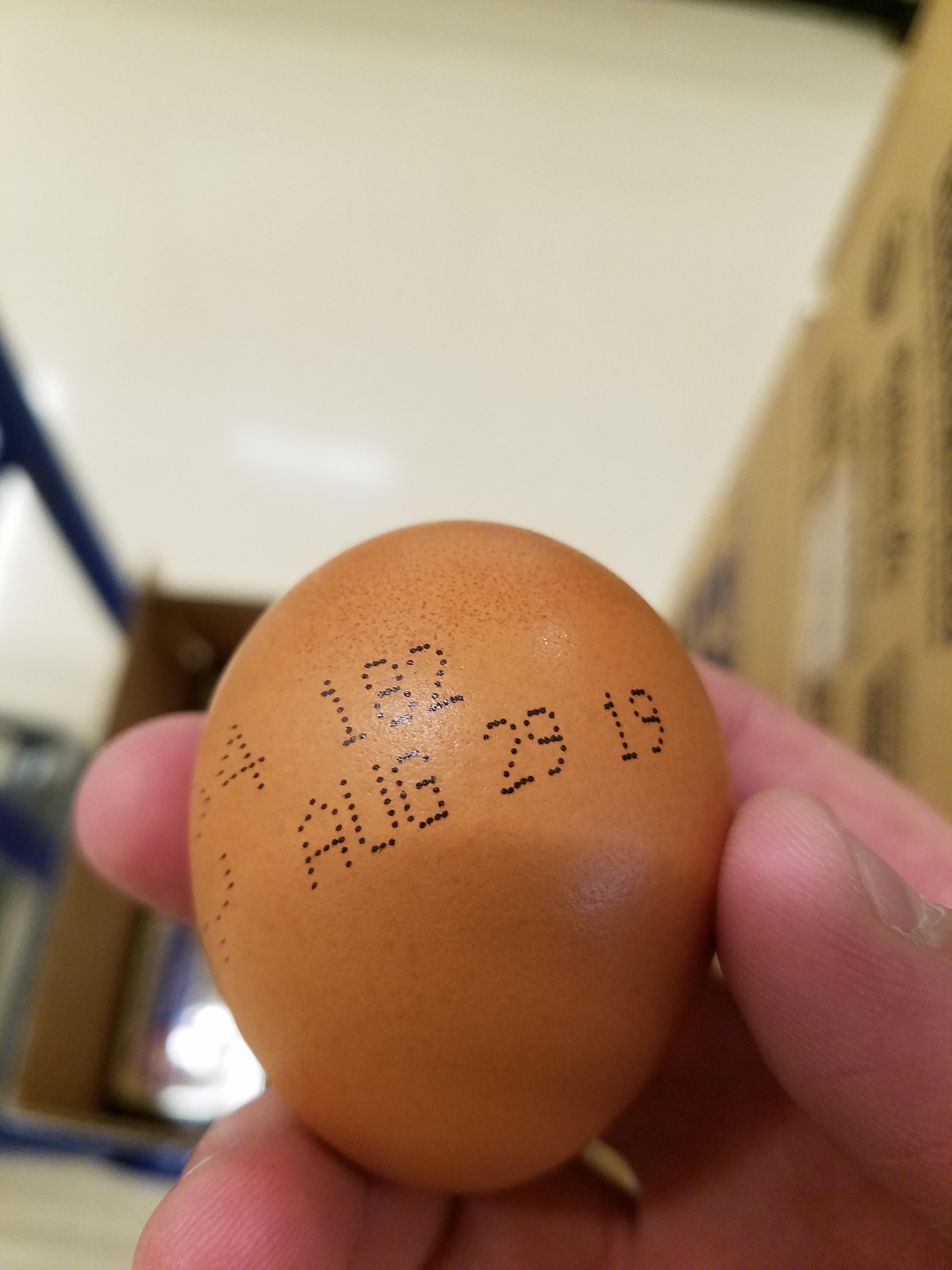 This egg with the expiration date printed directly on it. r